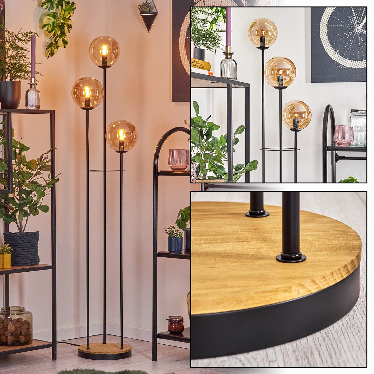 hofstein Stehlampe Stehlampe aus Metall/Holz/Glas in Schwarz/Braun/Bernstei günstig online kaufen