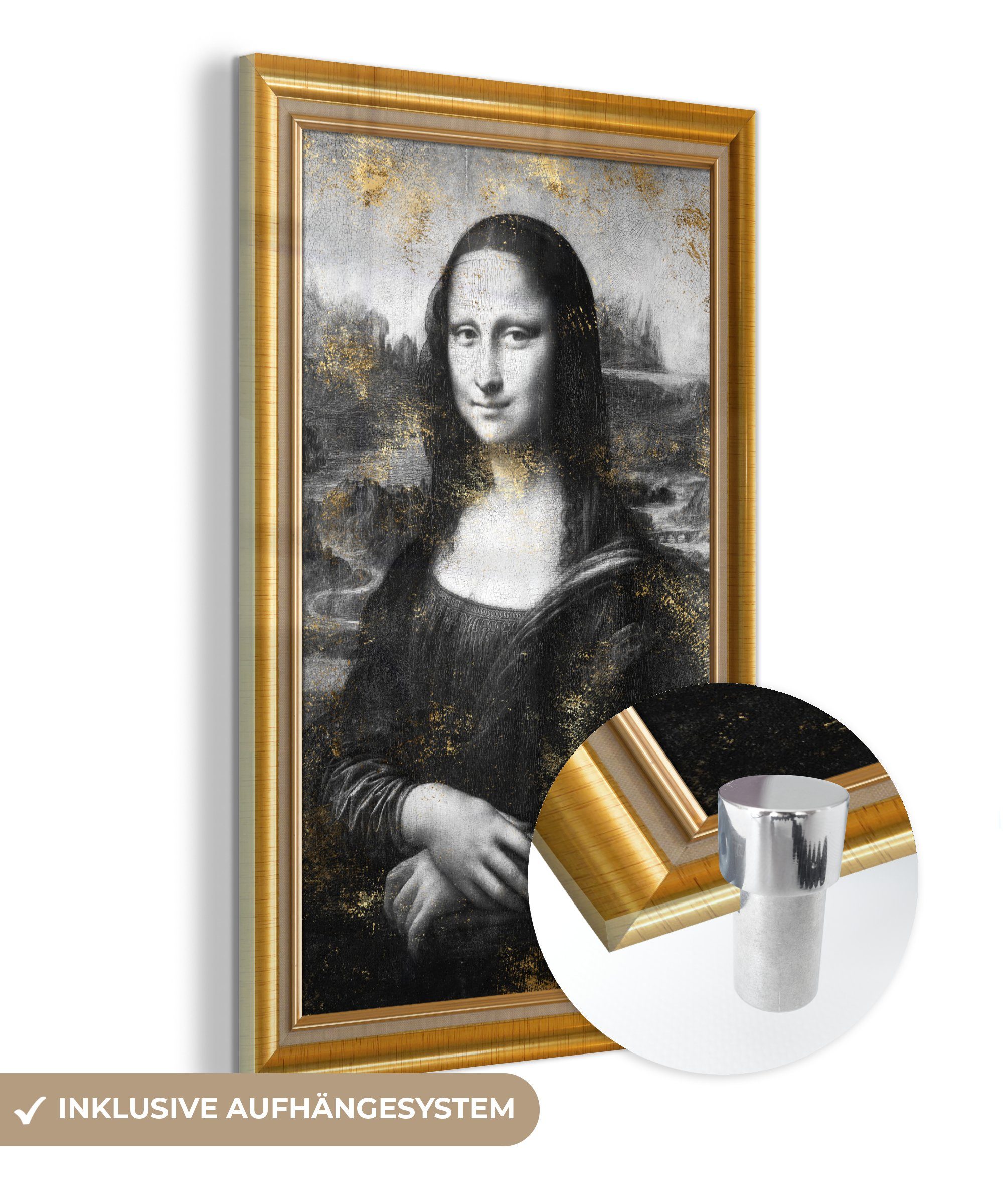 MuchoWow Acrylglasbild Mona Lisa - Da Vinci - Gold - Rahmen, (1 St), Glasbilder - Bilder auf Glas Wandbild - Foto auf Glas - Wanddekoration