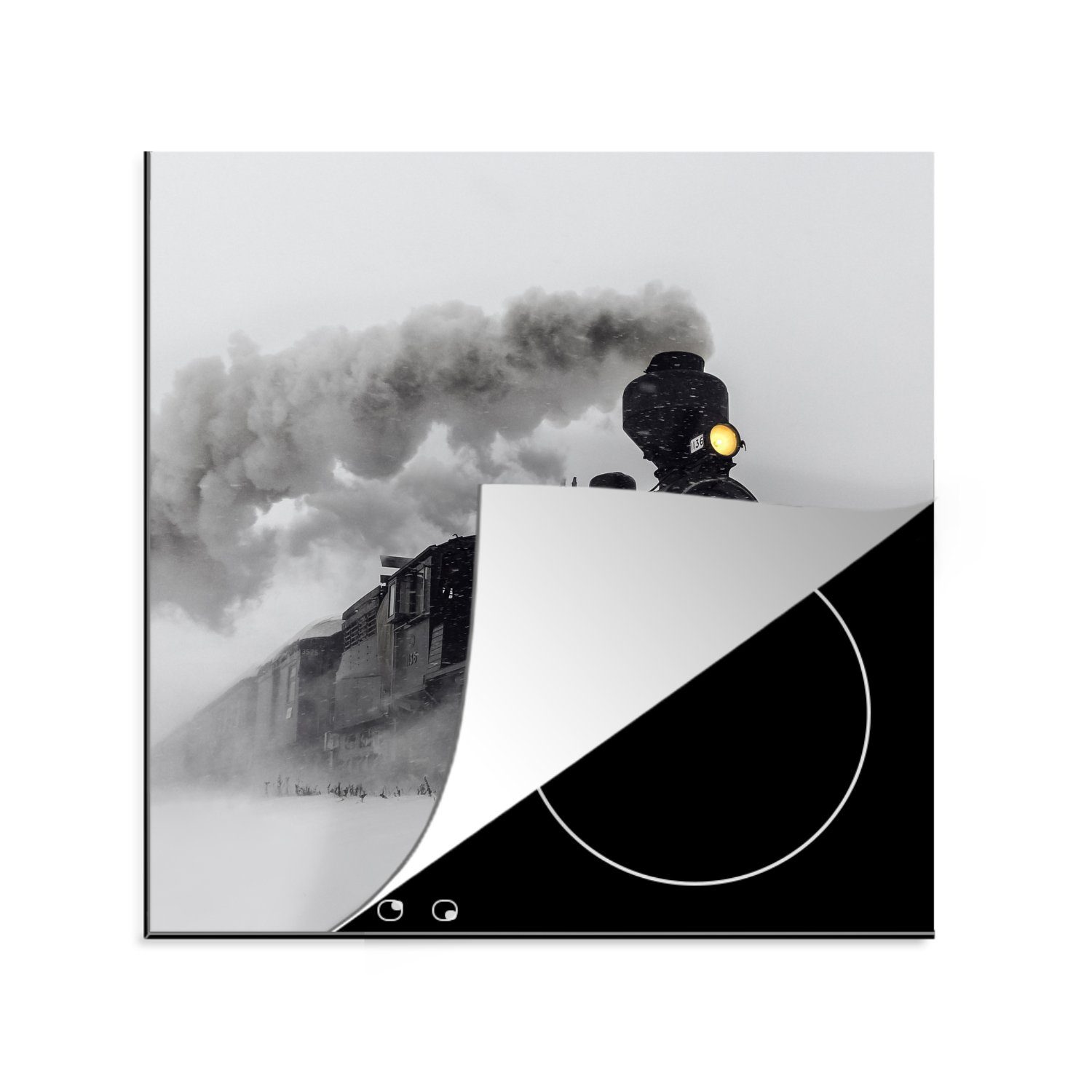 MuchoWow Herdblende-/Abdeckplatte Dampflokomotive im Schnee - quadratisch, Vinyl, (1 tlg), 78x78 cm, Ceranfeldabdeckung, Arbeitsplatte für küche