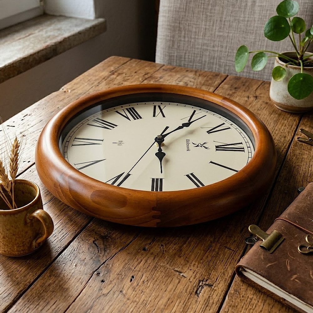 Holzwerk Funkwanduhr Designer Loft Funk Holz Wand Uhr, römische Ziffern (Nahezu lautloses Uhrwerk, analog, 35 cm)