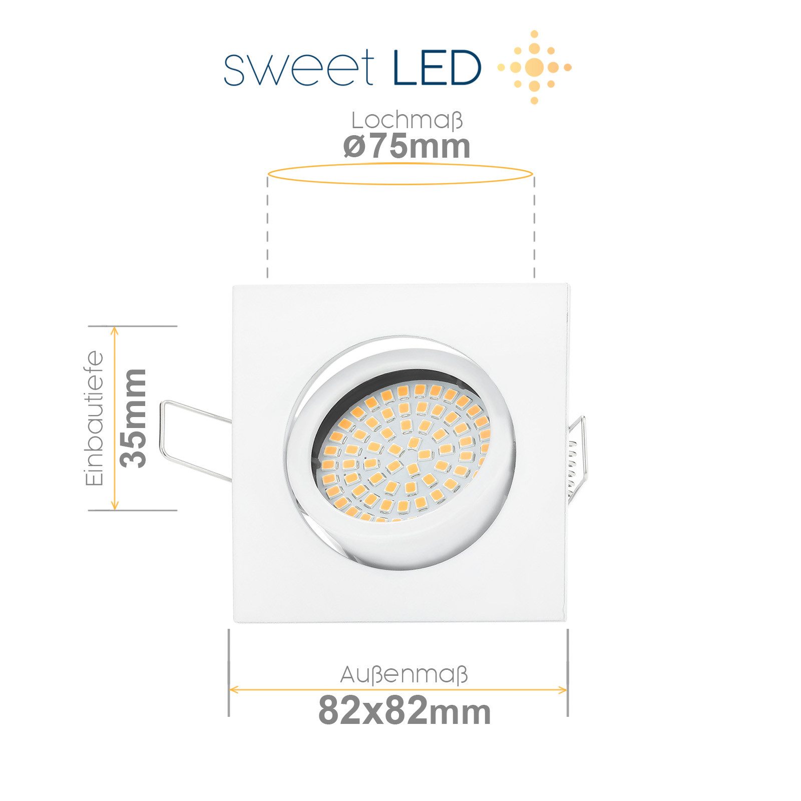 Sweet LED LED Einbaustrahler Schwenkbar Dimmbar 5W 230V 3000K Einbauleuchte Weiß Deckenspots Ø75, Dimmfunktion, 3000K, Warmweiß, Deckenspots, 82x82 mm, Einbauleuchte