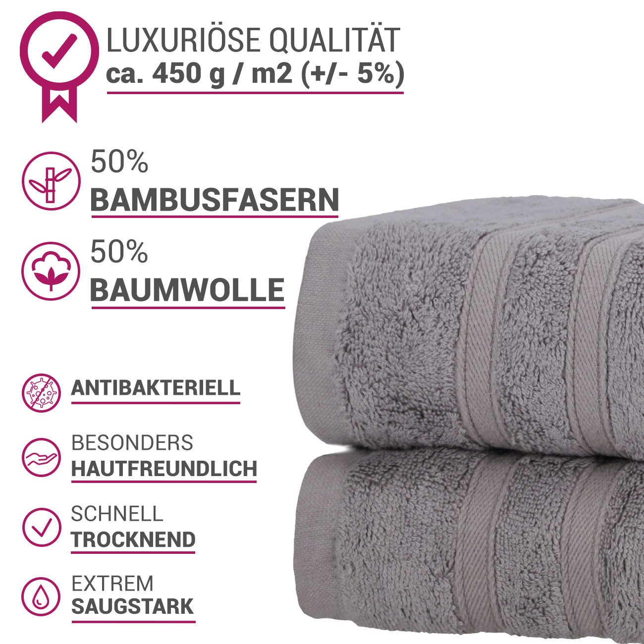 Müskaan Duschtücher Premium Duschtuch-Set Bambus & Baumwolle 70x140cm 450g/m² Grau, (2-St), Saugstark, schnelltrocknend, antibakteriell, geruchsneutral