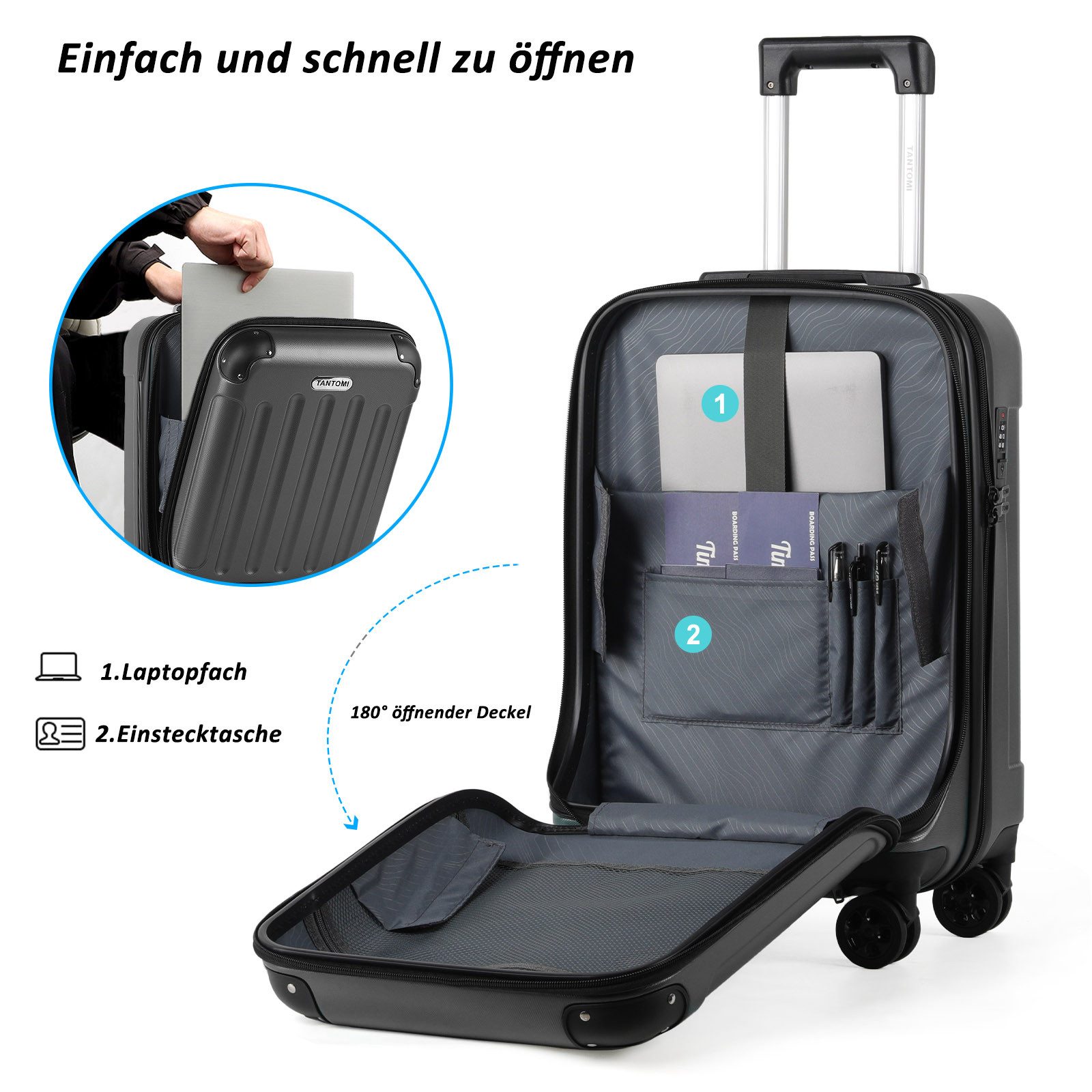 TAN.TOMI Hartschalen-Trolley Laptopfach vorne Koffer Handgepäck Hartschalenkoffer Rollkoffer, ABS-Schale 360-Grad-Lautlosrollen für Geschäftsreisen