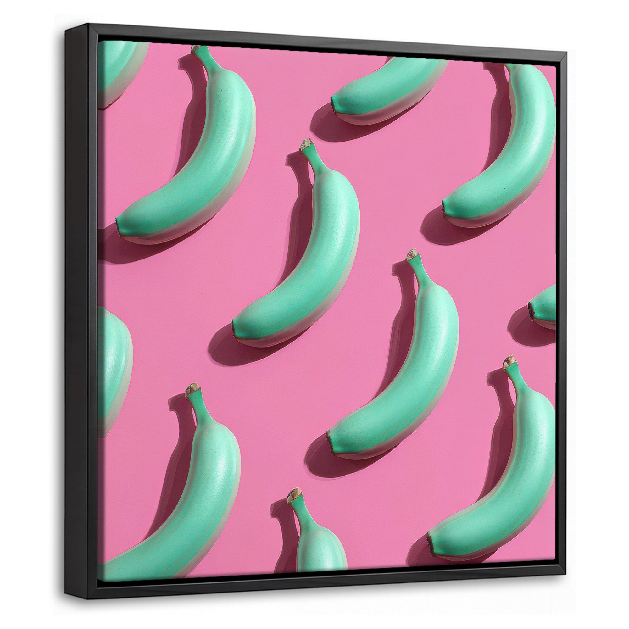 OneMillionCanvasses® Leinwandbild mit Rahmen - Bananen - Muster - Blau - Rosa, Fotodruck (1 St), Leinwand Bilder Klein, Wand Dekoration Aesthetic 20x20cm