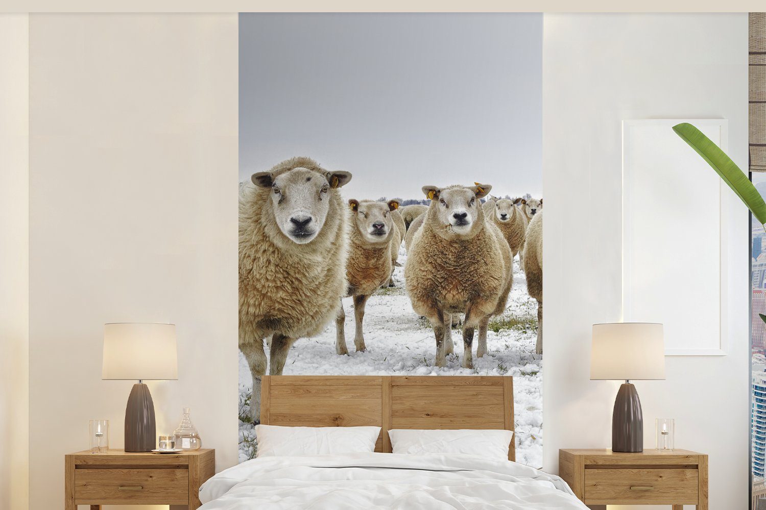 MuchoWow Fototapete Schafe - Wolle - Schnee, Matt, bedruckt, (2 St), Vliestapete für Wohnzimmer Schlafzimmer Küche, Fototapete
