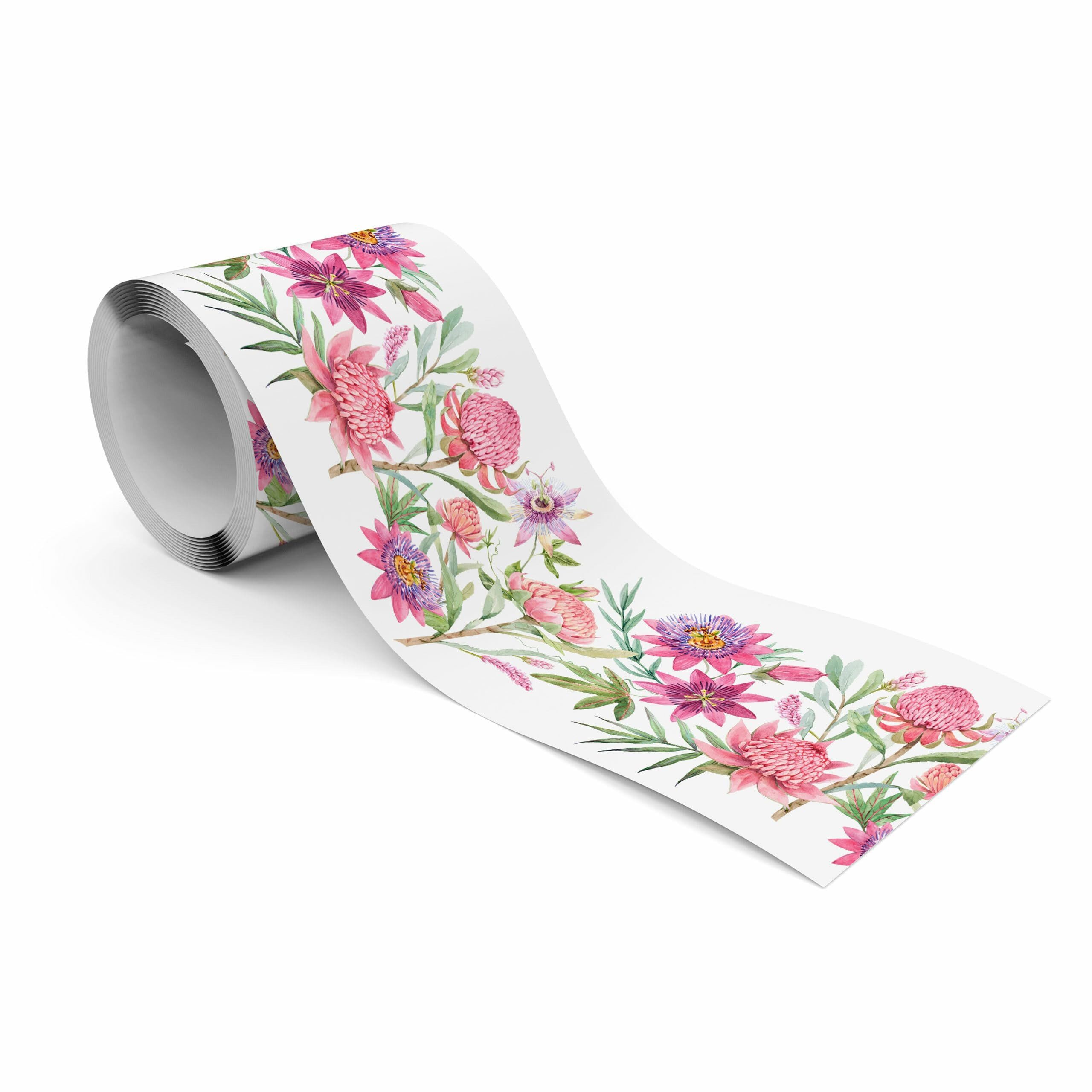 Muralo Bordüre Wandbordüre selbstklebend Blumen – Tapetenbordüre Wohnzimmer, floral, Exotische Blüten in Pink auf Weiß, 10 x 300 cm, abriebfest, abwischbar