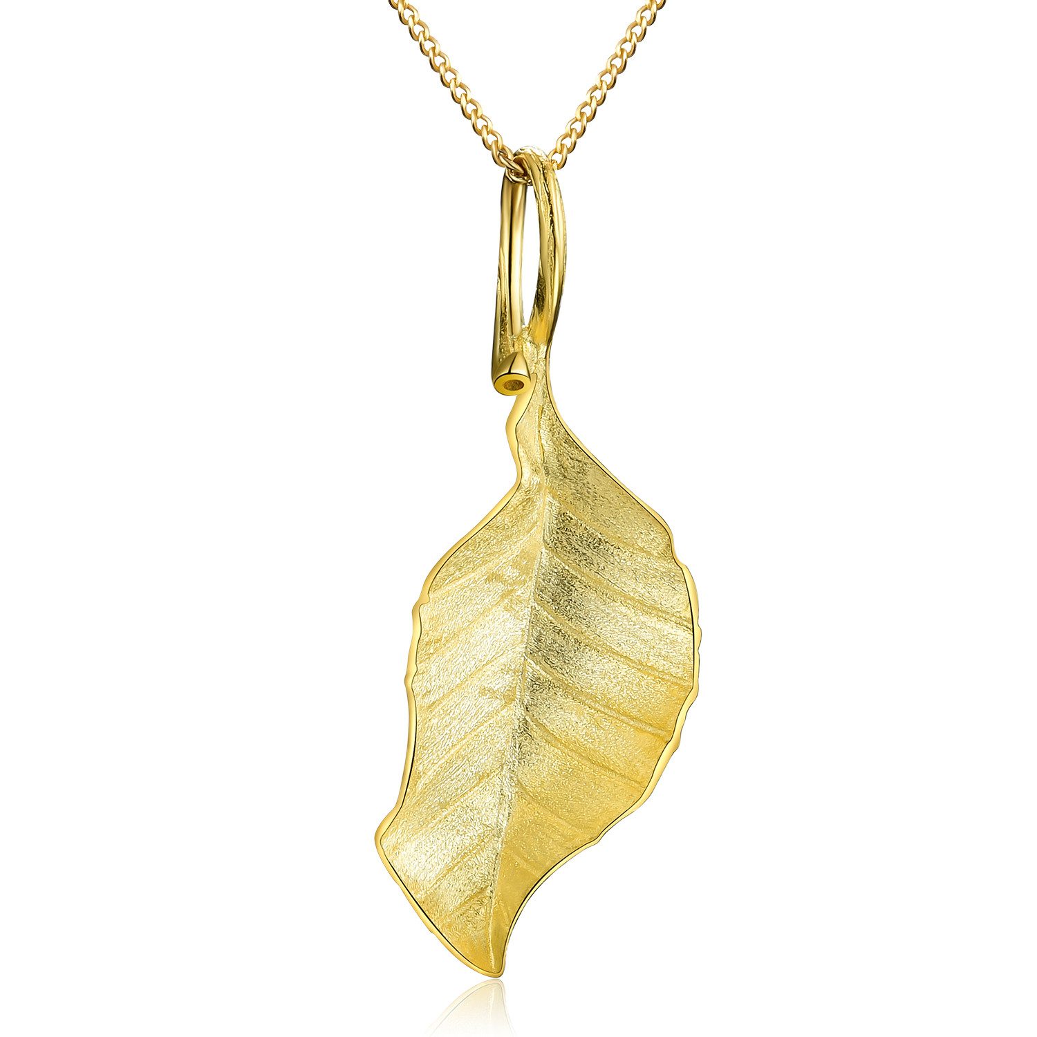 Runde Perlé Kette mit Anhänger "Fliegendes Herbstblatt", handgefertigte Halskette, 925er Silber, 18K Gold