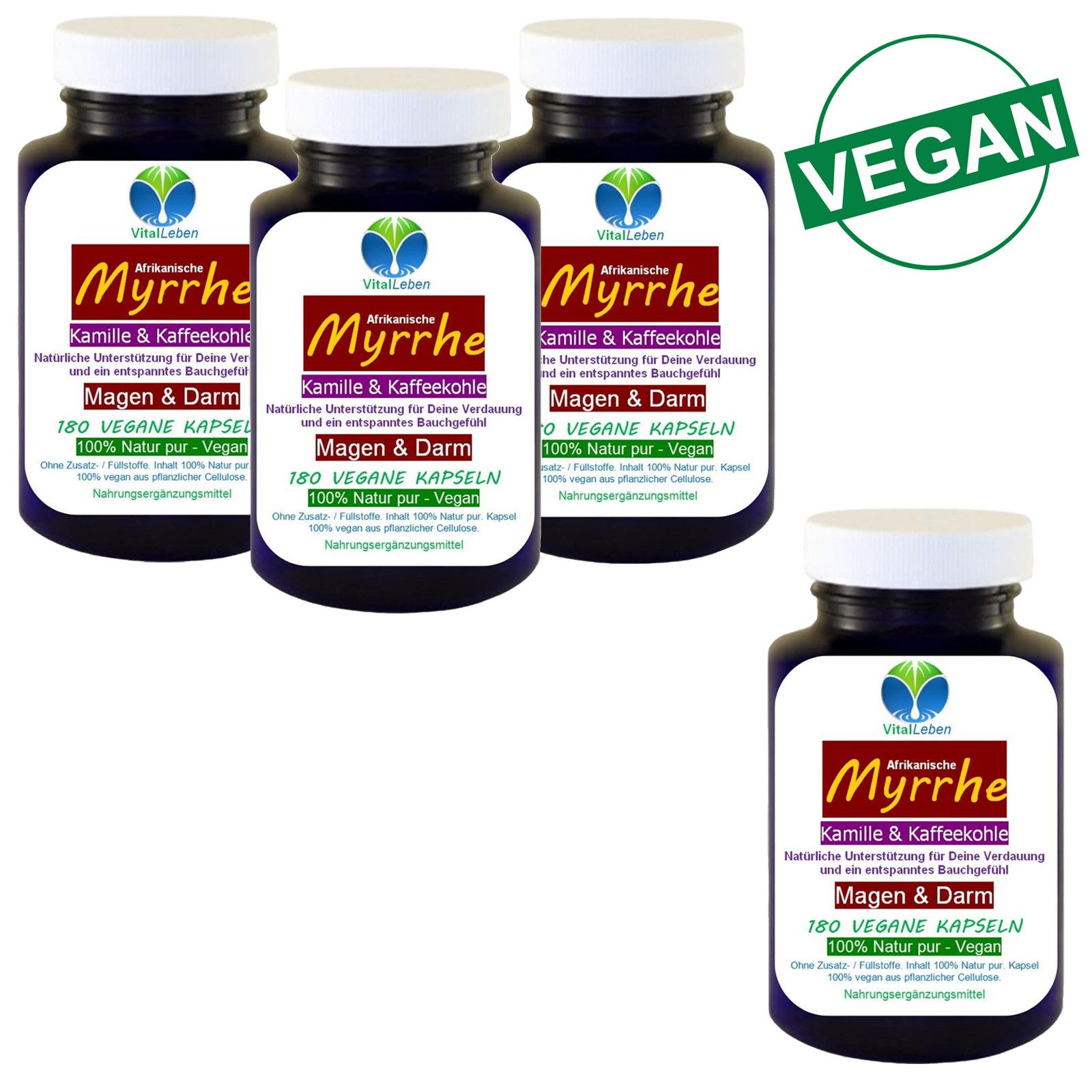 VitalLeben Myrrhe Kamille Kaffeekohle pflanzlich ohne Zusatzstoffe vegane Kapseln, 4 er Dose à 180 St., 360 g, Art. 27415-720