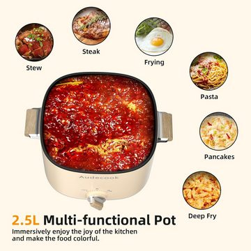 Audecook Multikocher Elektrischer Hot Pot, 2.5L Tragbare Antihaft für Steak/Pasta/Suppe, 800,00 W, 2,50 l Schüssel, Mini Bratpfanne mit Dual Leistungssteuerung, Elektrischer Reisetopf