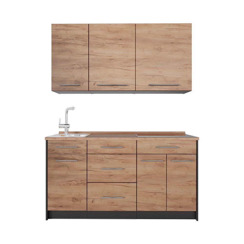 Vicco Küchenzeile Fame-Line, Goldkraft Eiche/Anthrazit, 150 cm, AP Eiche