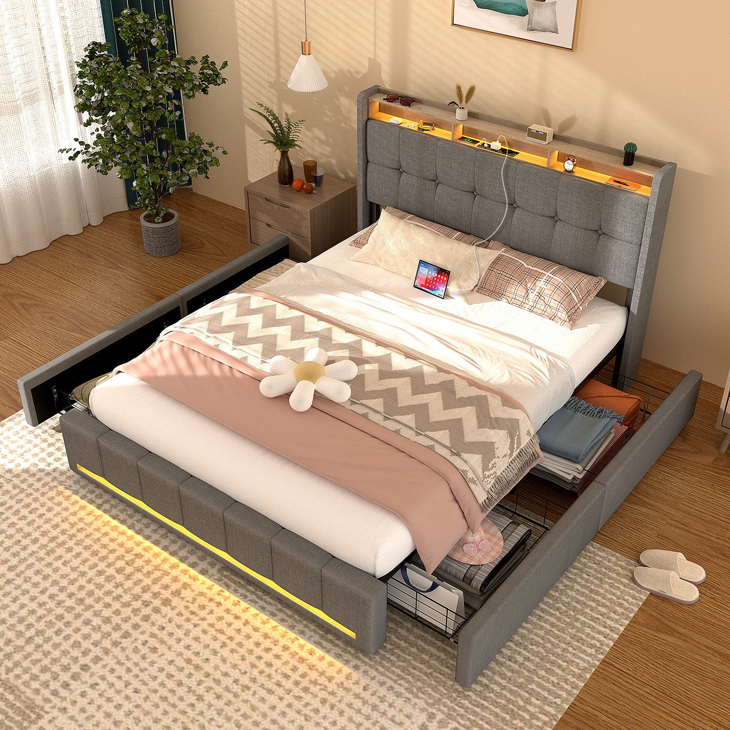 oyajia Polsterbett LED Doppelbett 140x200 cm günstig online kaufen