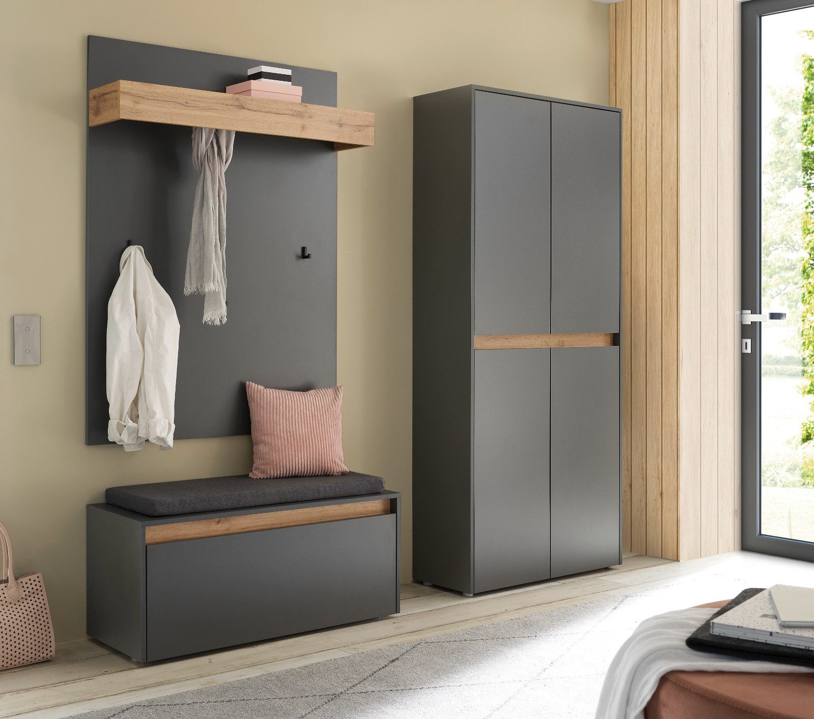 Furn.Design Garderoben-Set Center, (Flurgarderobe in grau mit Wotan Eiche, 4-teilig, 190 x 200 cm), mit viel Stauraum