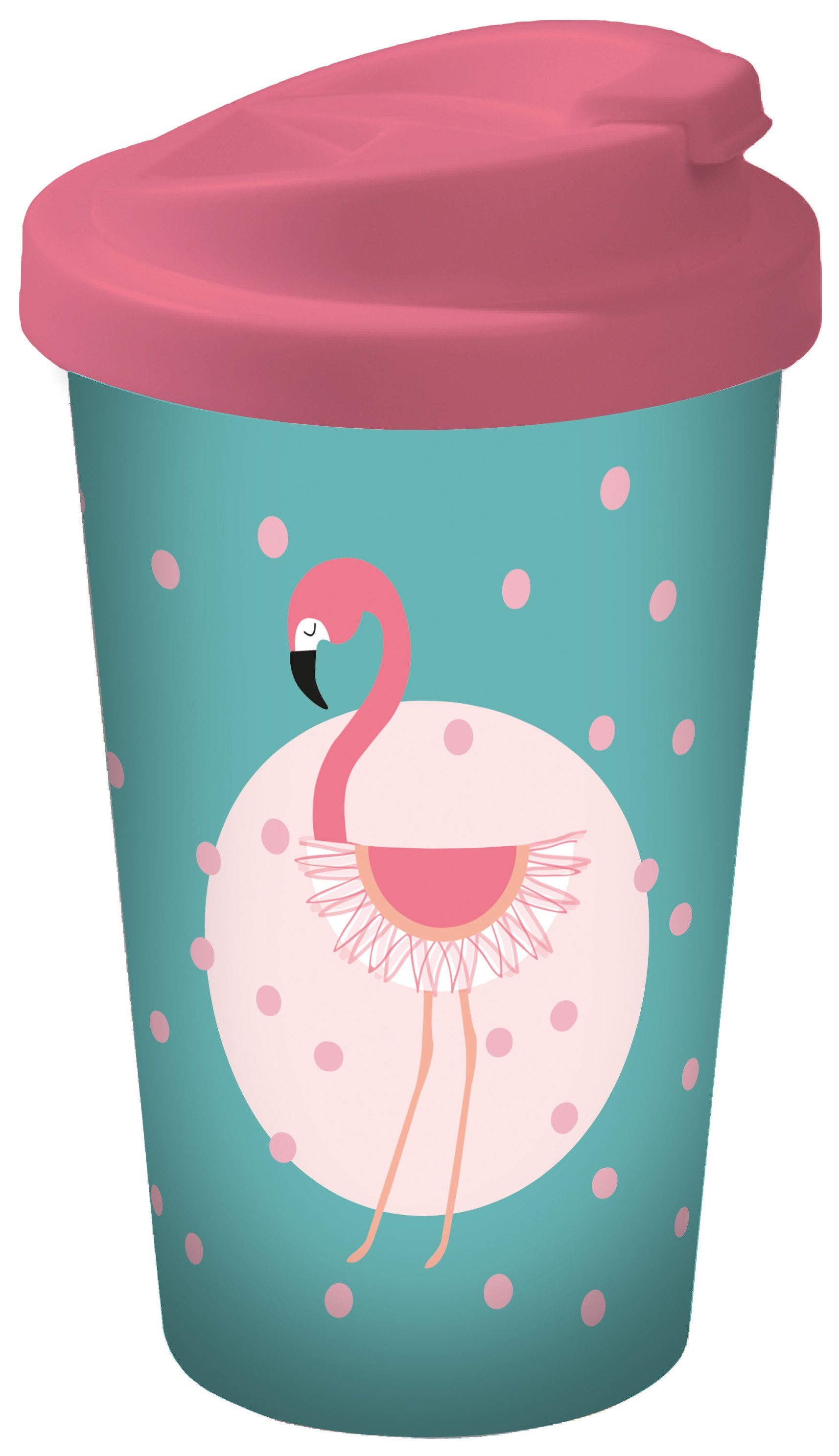Geda Labels GmbH Coffee-to-go-Becher Flamingo Punkte, PP, Türkis, 400 ml, doppelwandig, auslaufsicher