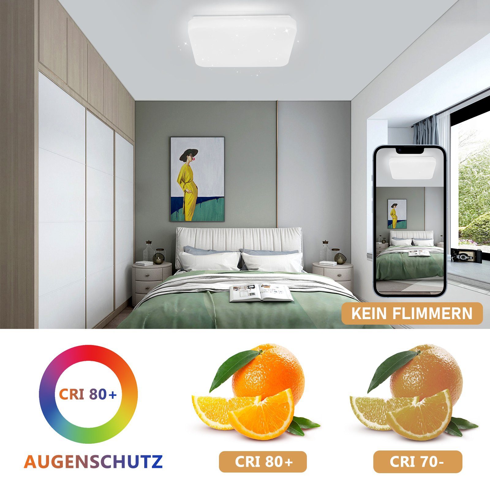 Sternenhimmel Sternenhimmel-Design, LED LED Farbwiedergabeindex fest Dimmbar Schlafzimmerlampe Fernbedienung, mit > Deckenleuchte 80, integriert, 3000-6000k, ZMH 37W