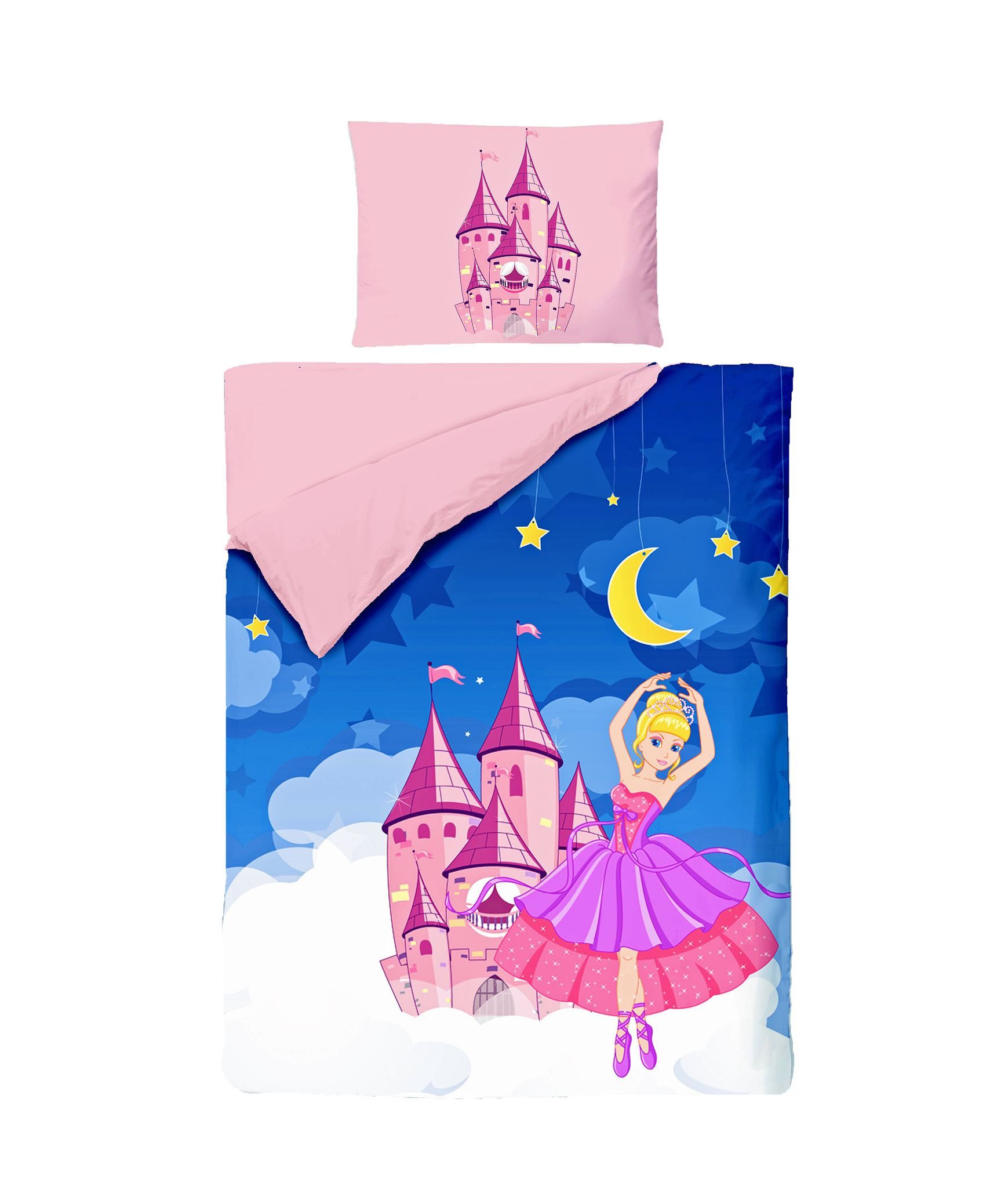 JACK Babybettwäsche 100x135cm Prinzessin Schloss Mond, Renforcé, 2 teilig, märchenhafte Babybettwäsche mit Reißverschluss