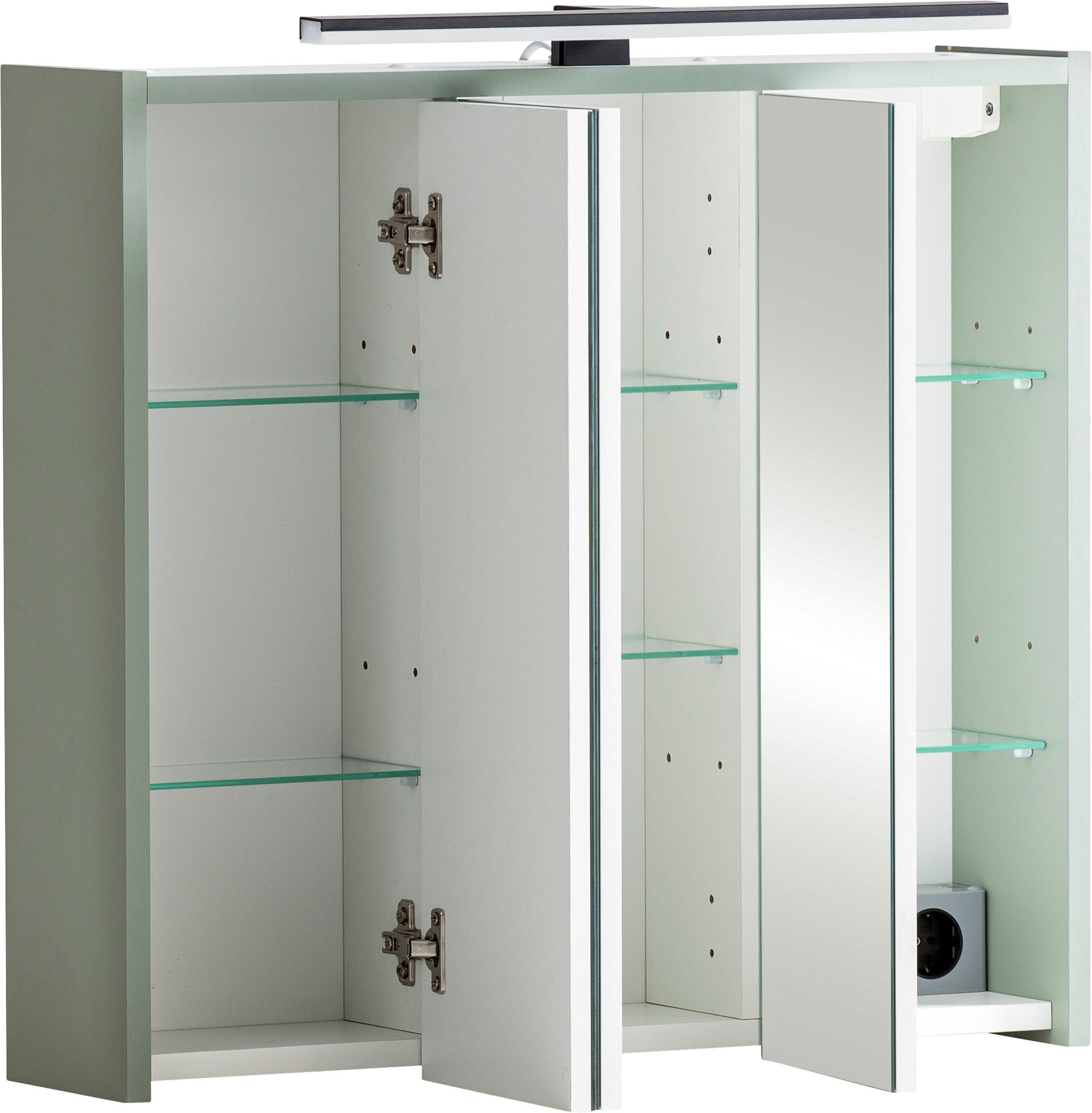 Schildmeyer Spiegelschrank PIAZZA, inkl. Beleuchtung, Breite 65 cm, 3 Türen, MADE IN GERMANY (1-St) Schalter-/Steckdosenkombination hinter der Tür, MADE IN GERMANY