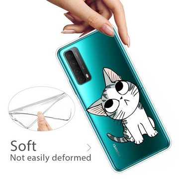Wigento Handyhülle Für Huawei P Smart 2021 Silikon Case TPU Motiv Katze Schutz Muster Tasche Hülle Cover Etuis Zubehör Transparent