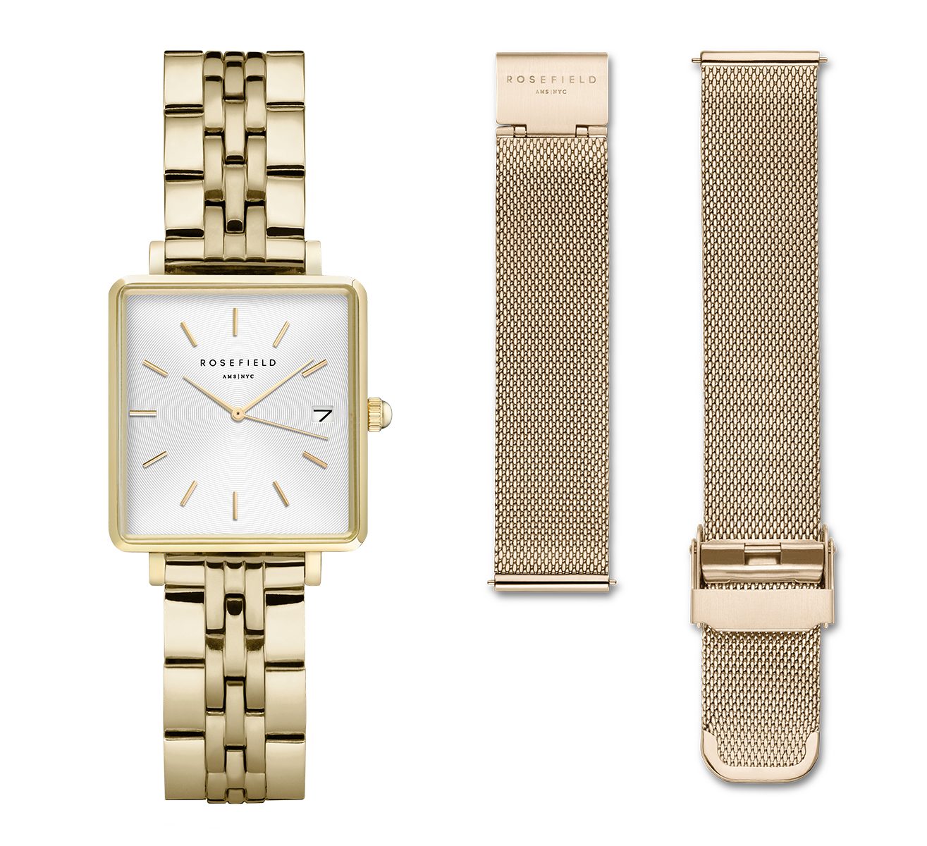 ROSEFIELD Quarzuhr ROSEFIELD Boxy XS Gift Set Damen Geschenkset 24mm + Mesh-Armband Goldf
