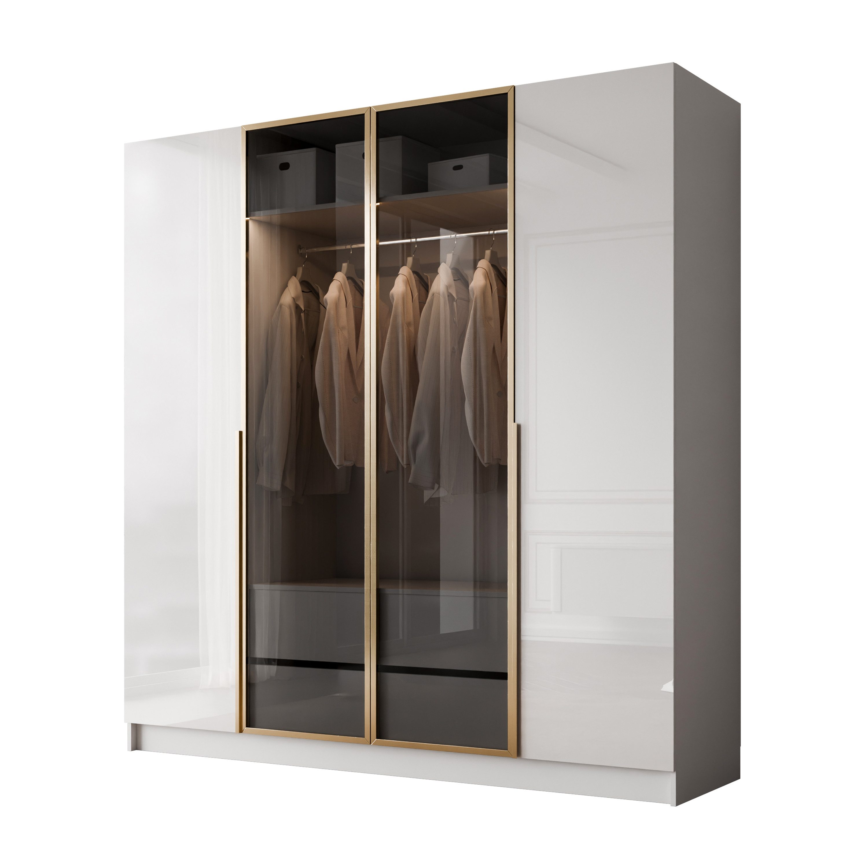 Lookway Kleiderschrank Viertüriger ATRIUM GOLD GLOSS mit Glasfront (mit Schubladen)