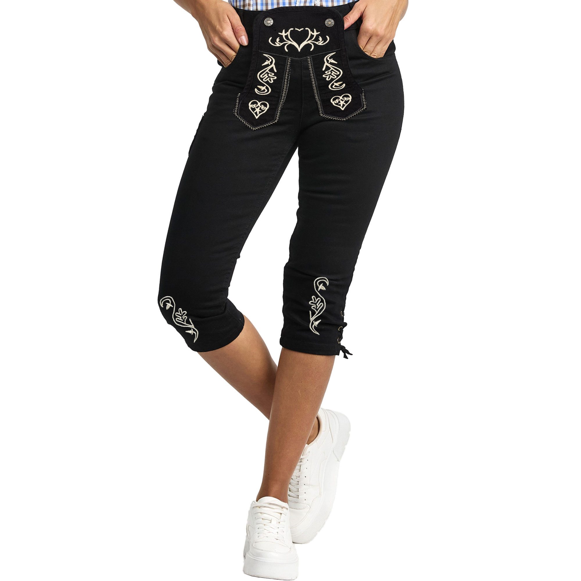 Steigenhöfer Manufaktur Trachtenjeans im Lederhosen Look - Damen Shorts - Stretch für Komfort - Capri Jeans Traditionelles Design - Ideal für Oktoberfest usw. - auch als 3/4 Hose