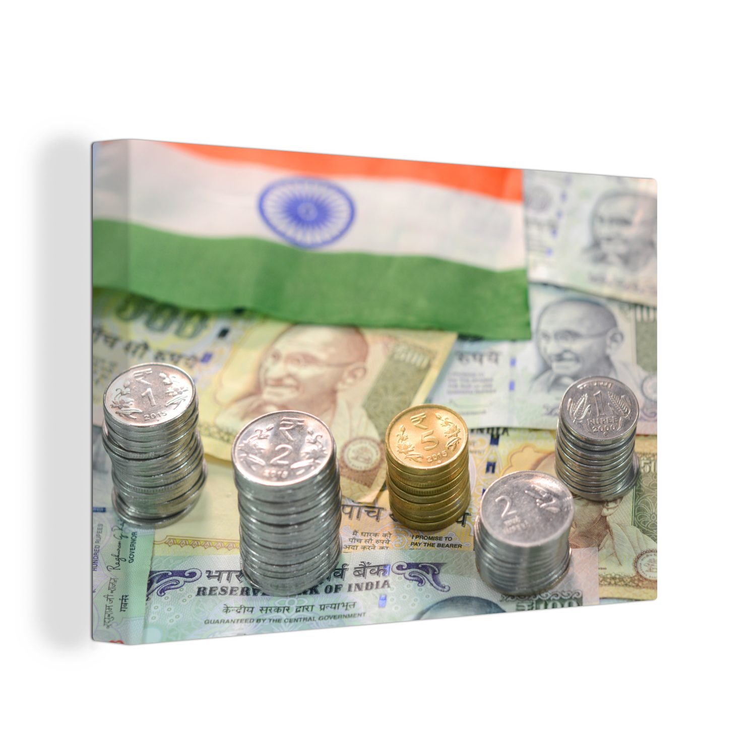 OneMillionCanvasses® Leinwandbild Die Flagge Indiens auf einem Stapel Geldscheine, (1 St), Wandbild Leinwandbilder, Aufhängefertig, Wanddeko, 30x20 cm