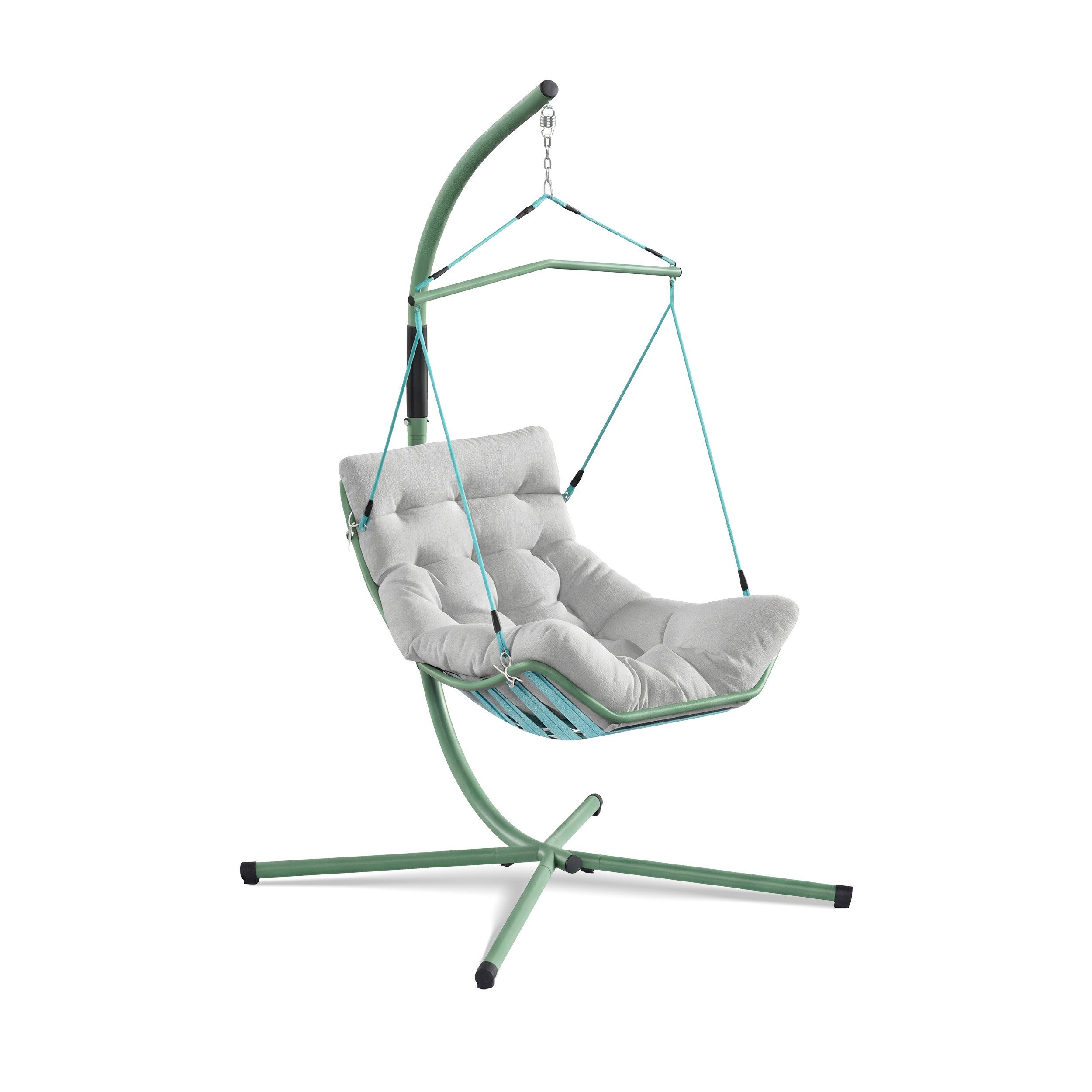 KHG Hängesessel Geflechtkorb mit Sitzkissen in Creme für Garten und Terrasse (UV-beständig, wetterfest, 120kg belastbar, Stahl-Gestell in Grün)