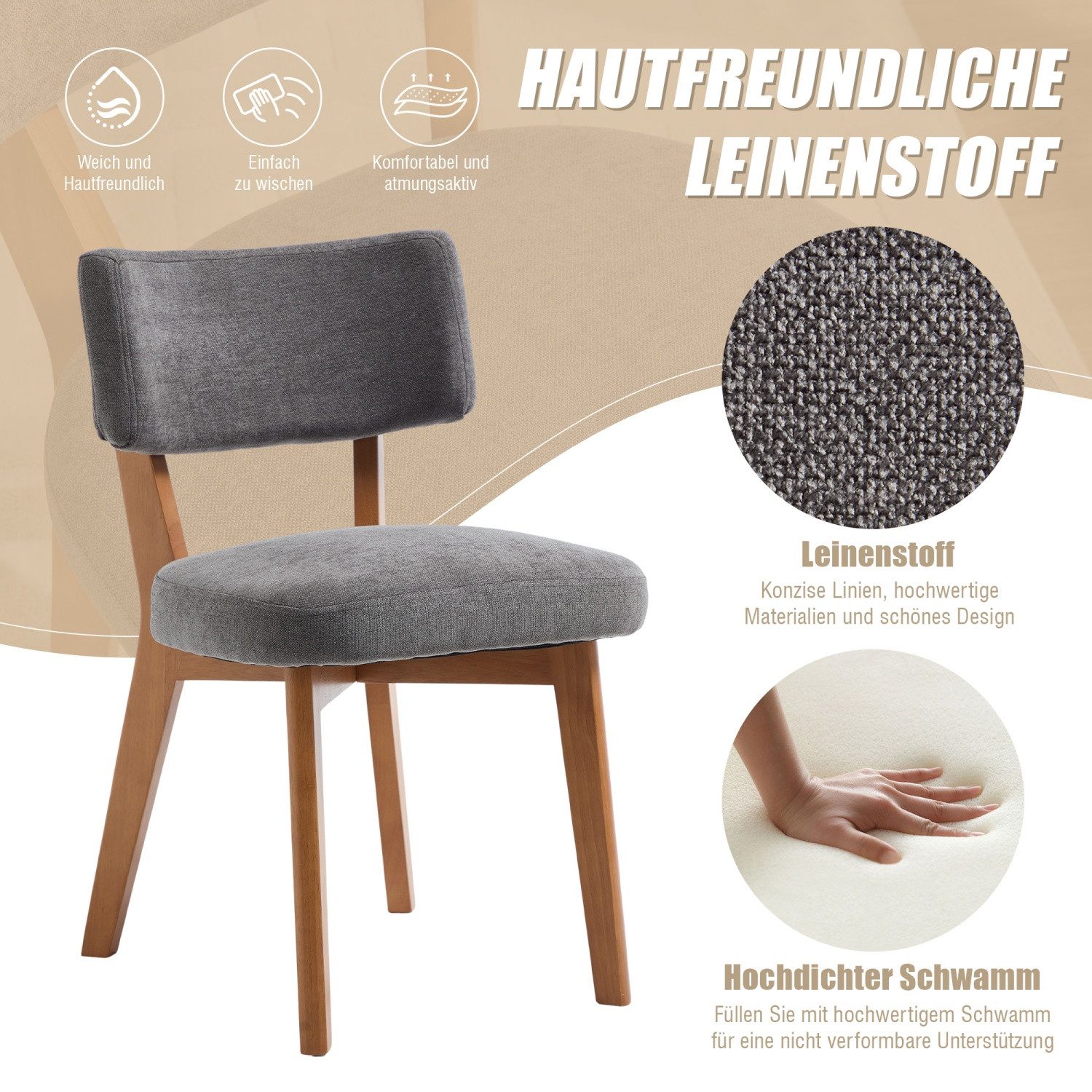 ANYSUN Esszimmerstuhl 2er Set mit gepolstertem Sitz & Holzbeinen., 77cm hoch, mit gepolsterter Rückenlehne, bis 200 kg belastbar – Bild 2 von 5