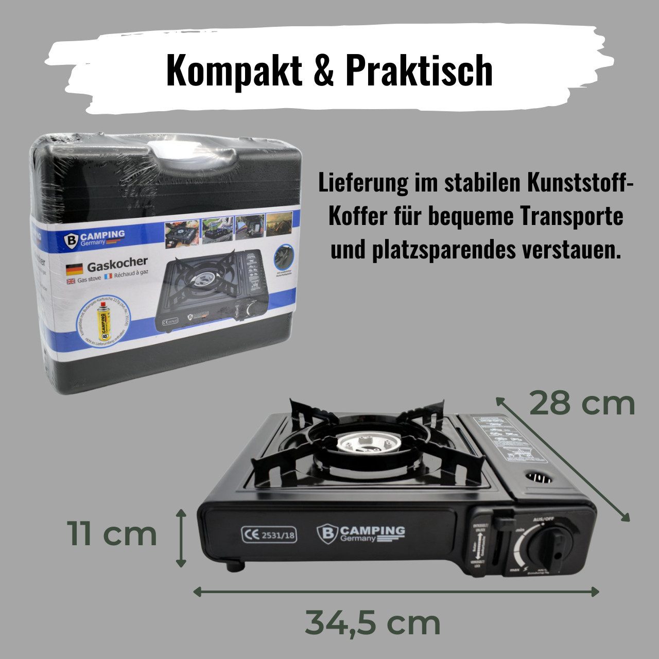 bahama Gaskocher mit 4x 227g Gas Kartuschen mobiler Kocher für Camping Kocher Outdoor, (4-St), Kartuschenkocher mit Gaskartusche 1-Flammig mit Trage-Koffer Gasherd