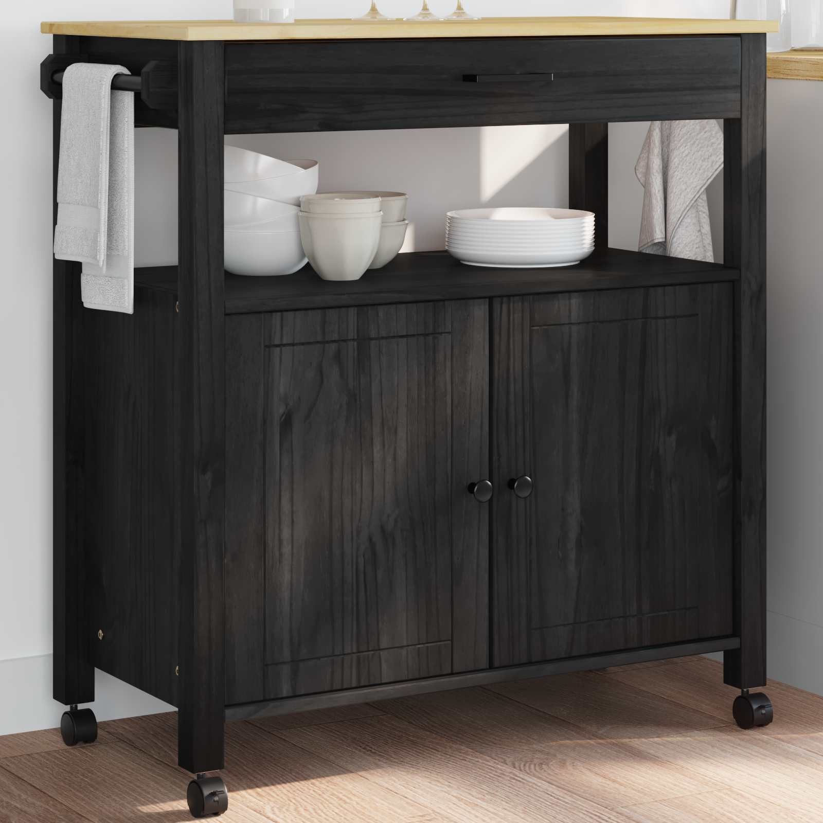 vidaXL Küchenwagen Küchentrolley MONZA Schwarz 84 x 40 x 88,5 cm Massivholz Kiefer, (1 St)