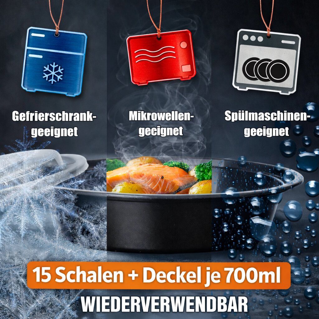 BigDean Mikrowellenteller Meal Prep Boxen 700 ml – 15 Stück Runde Schalen mit Deckel – BPA frei, (15 St), mikrowellengeeignet, spülmaschinengeeignet, gefriergeeignet