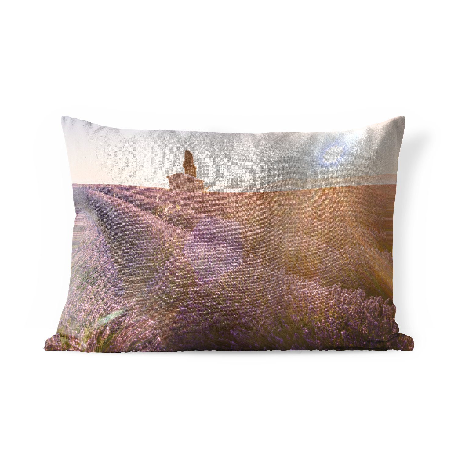 MuchoWow Dekokissen Sonnenaufgang über einem Lavendelfeld, Outdoor-Dekorationskissen, Polyester, Dekokissenbezug, Kissenhülle