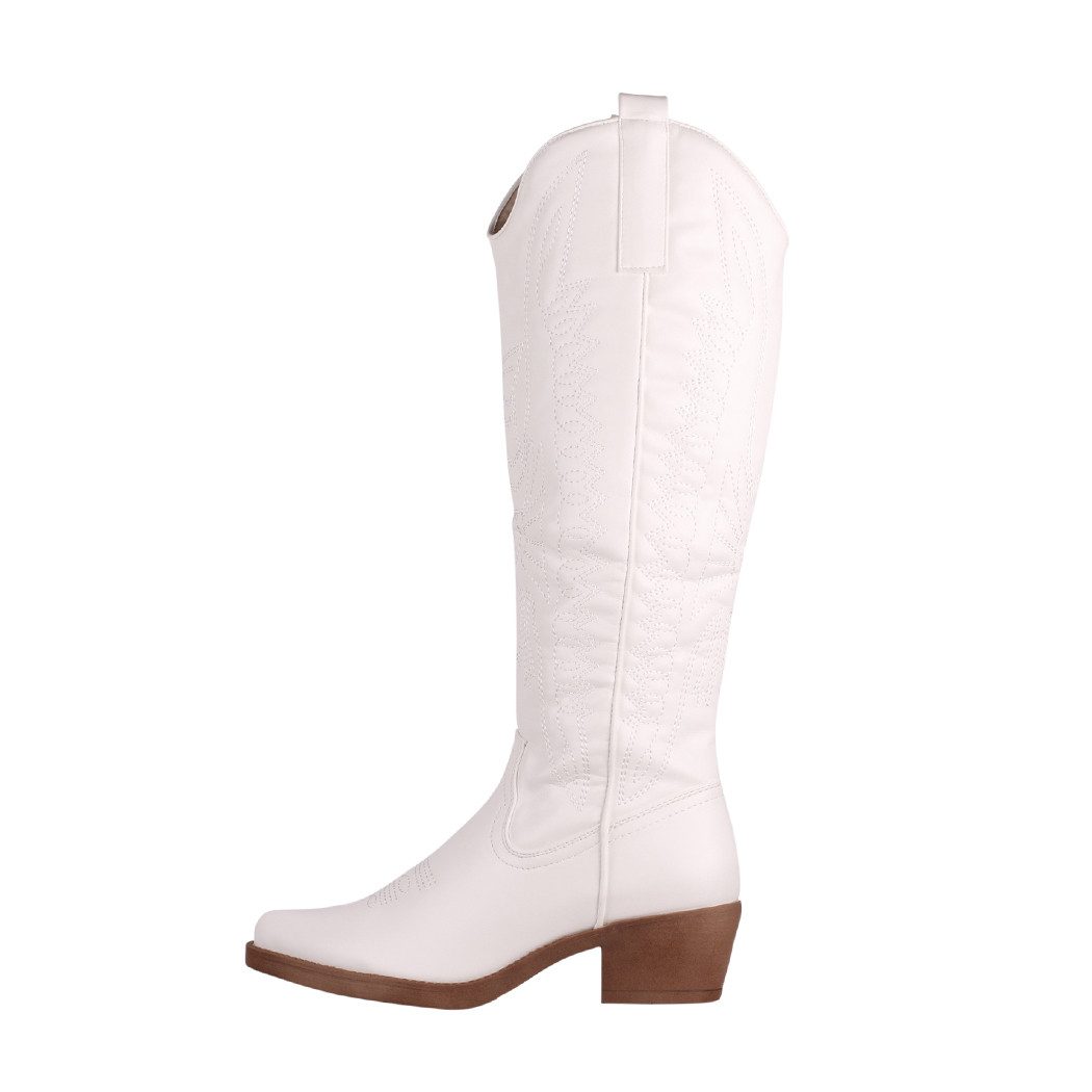 Elara Damen Westernstiefel kniehoch mit Stickerei und Blockabsatz Cowboystiefel