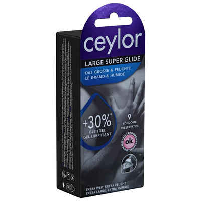 Ceylor Kondome Large Super Glide (extraweite Kondome mit 30% mehr Gleitmittel) Packung mit, 9 St., extra feuchte große Kondome, Premium-Qualität aus der Schweiz, im hygienischen "Dösli", einfach zu öffnen, schnelleres Überziehen