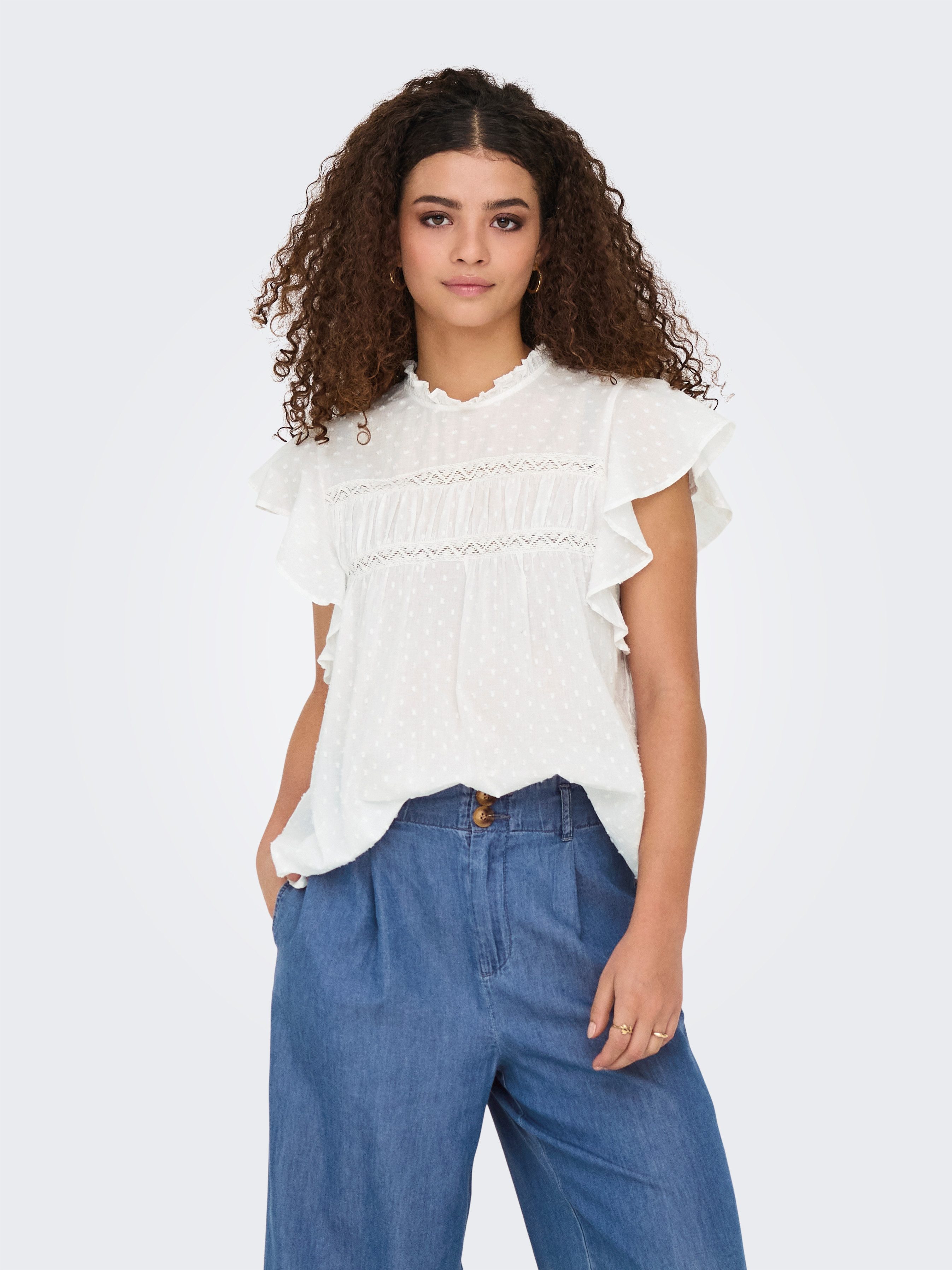 ONLY Rüschentop ONLKATTI S/S DOBBY TOP WVN NOOS Baumwolle, regular fit