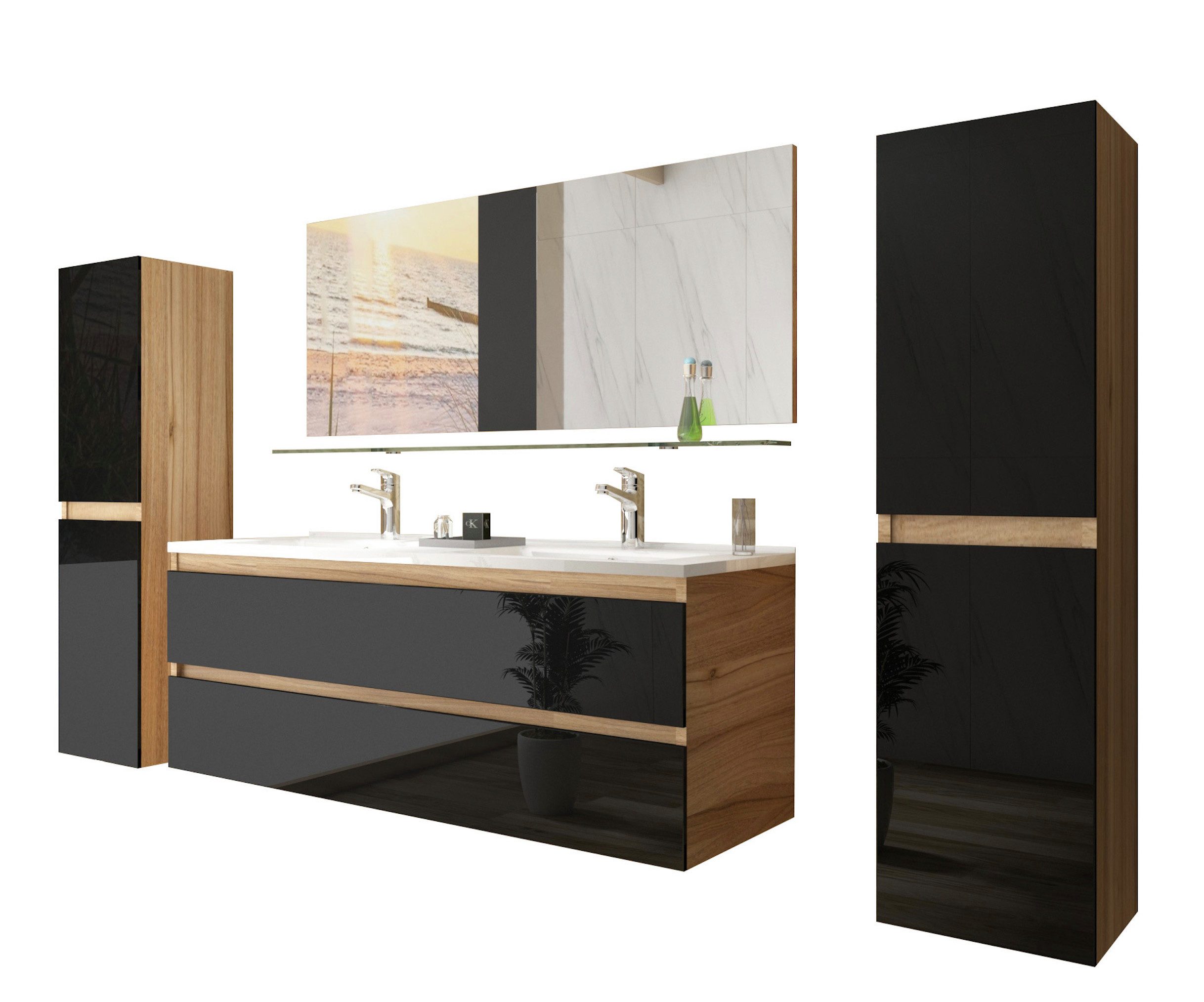 Homeline Badmöbel-Set Kaiser badmöbel, Set Eiche/Schwarz Doppel Waschbecken günstig online kaufen