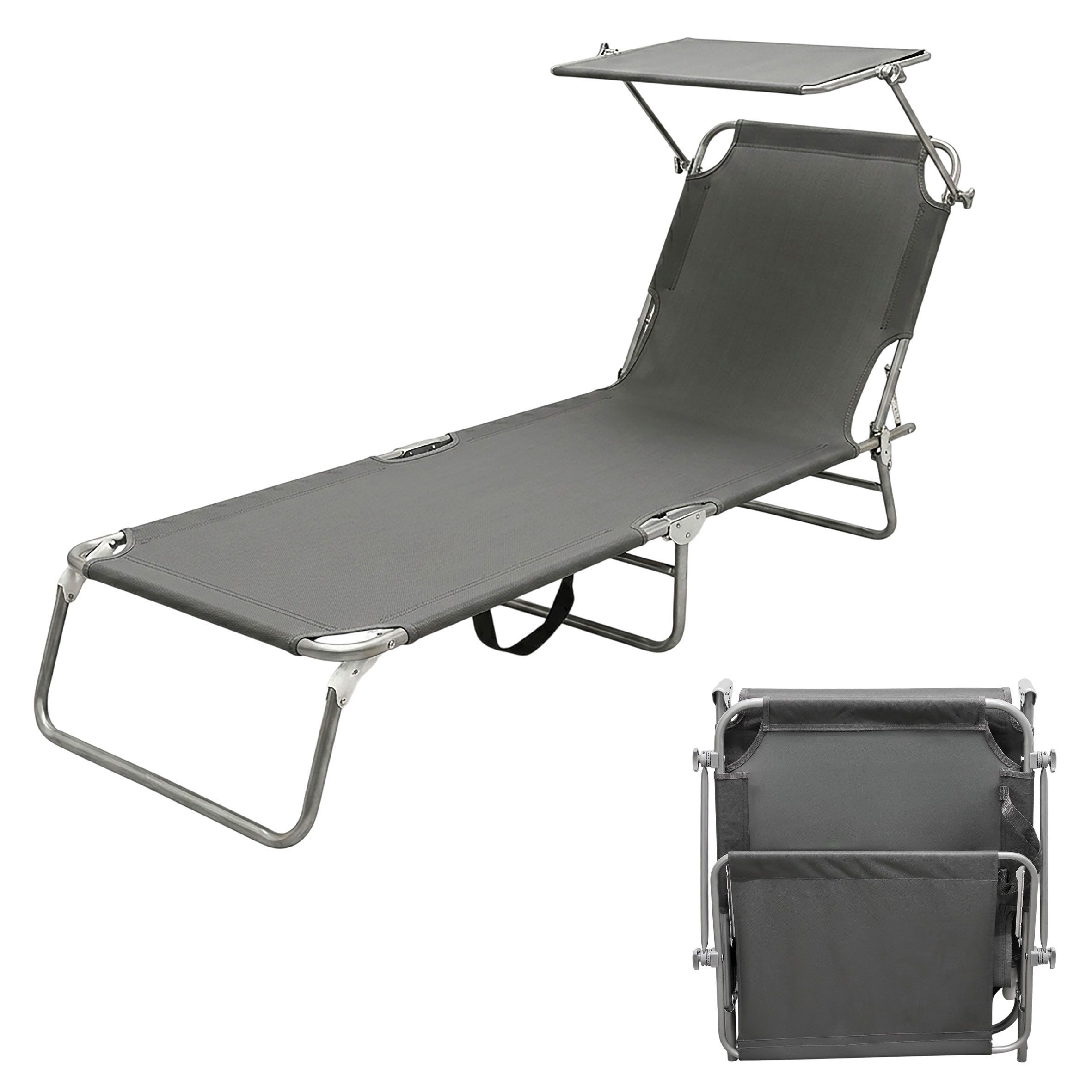Spetebo Gartenliege Campingliege 3-Bein mit Dach - dunkelgrau, Stück, 1 St., Liege, Relax Sonnenliege mit 4-fach verstellbarem Rückenteil