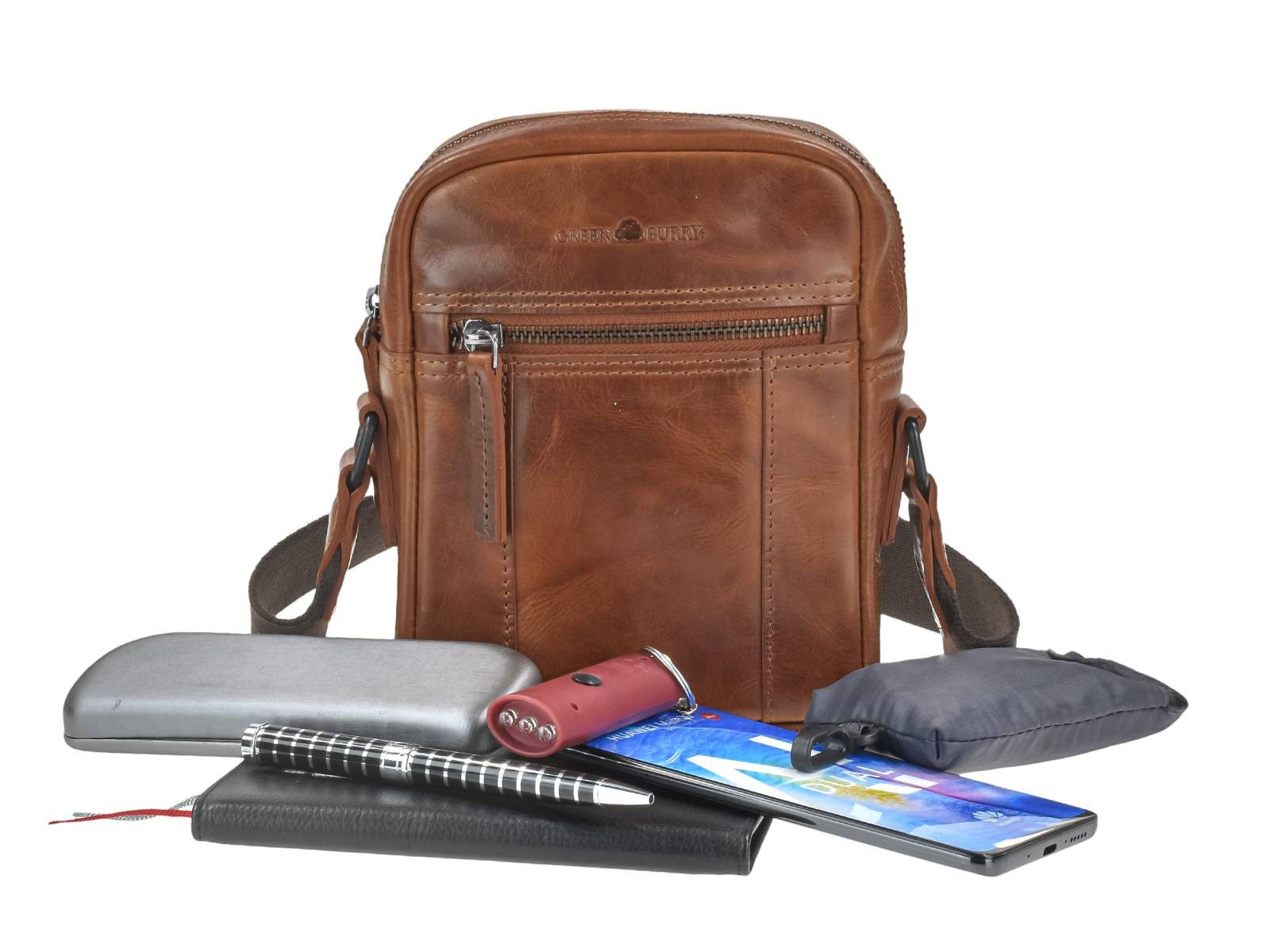 Greenburry Umhängetasche "Newport" Leder Tasche kleine Herrentasche Umhänger 17x20cm, Hauptfach 14x18cm, 145cm Schultergurt