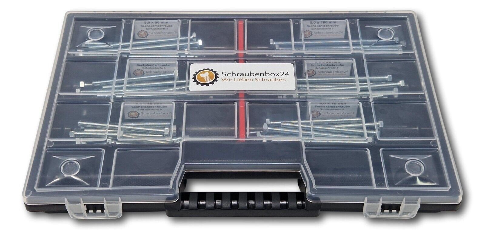 Schraubenbox24 Sechskantschraube Sortiment M5 // 90 (M-Box, Stück 4017), 933,ISO DIN St., 90 Sechskantschrauben 65mm-100mm
