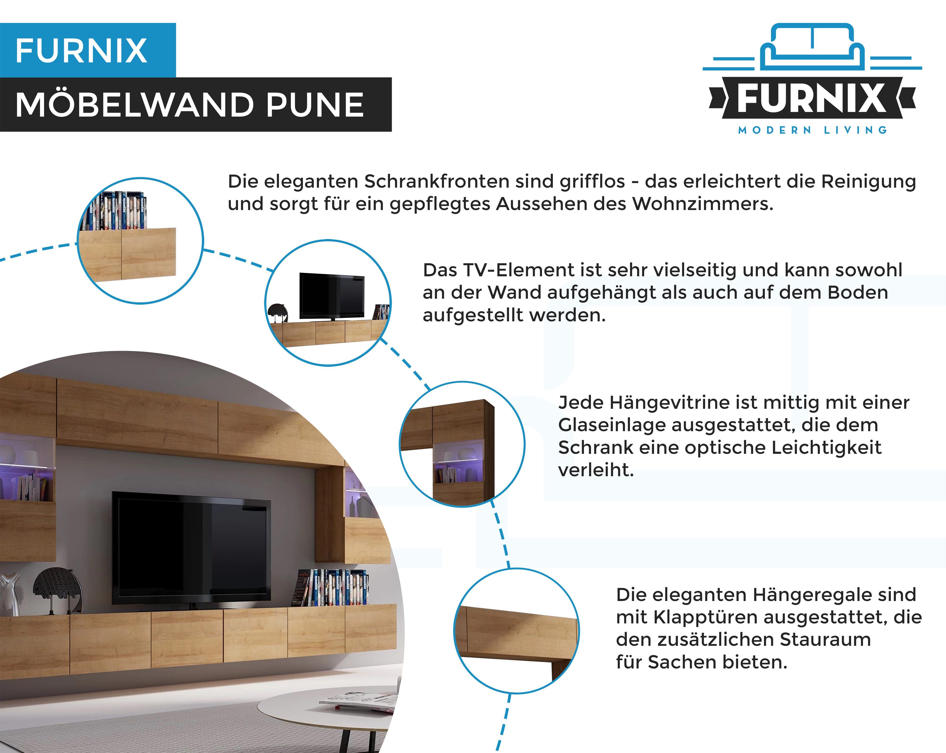Furnix TV-Wand PUNE 1 Mediawand breit Wohnwand cm geräumig, Eiche Farbauswahl, 300 Möbelwand Gold 6-teilig