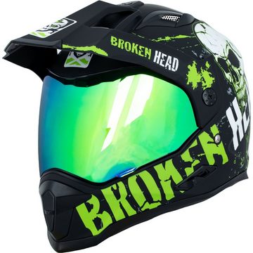 Broken Head Motorradhelm Broken Head Endurohelm Bone Crusher Grün + Grün verspiegeltes Visier (Mit grün verspiegeltem Visier), Auffälliges Design!