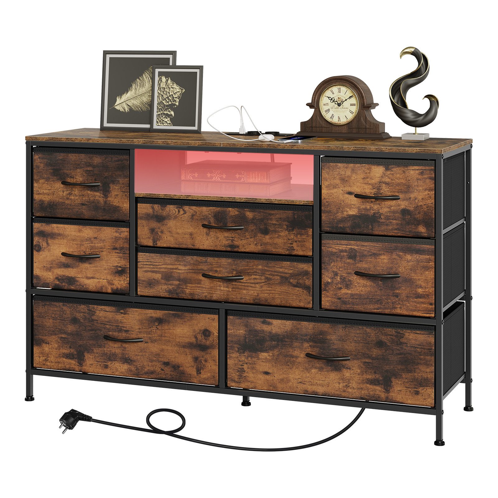 Woltu Kommode (1 St), mit 8 Schubladen, Metallrahmen, Mit Led-Licht, Vintage-Stil