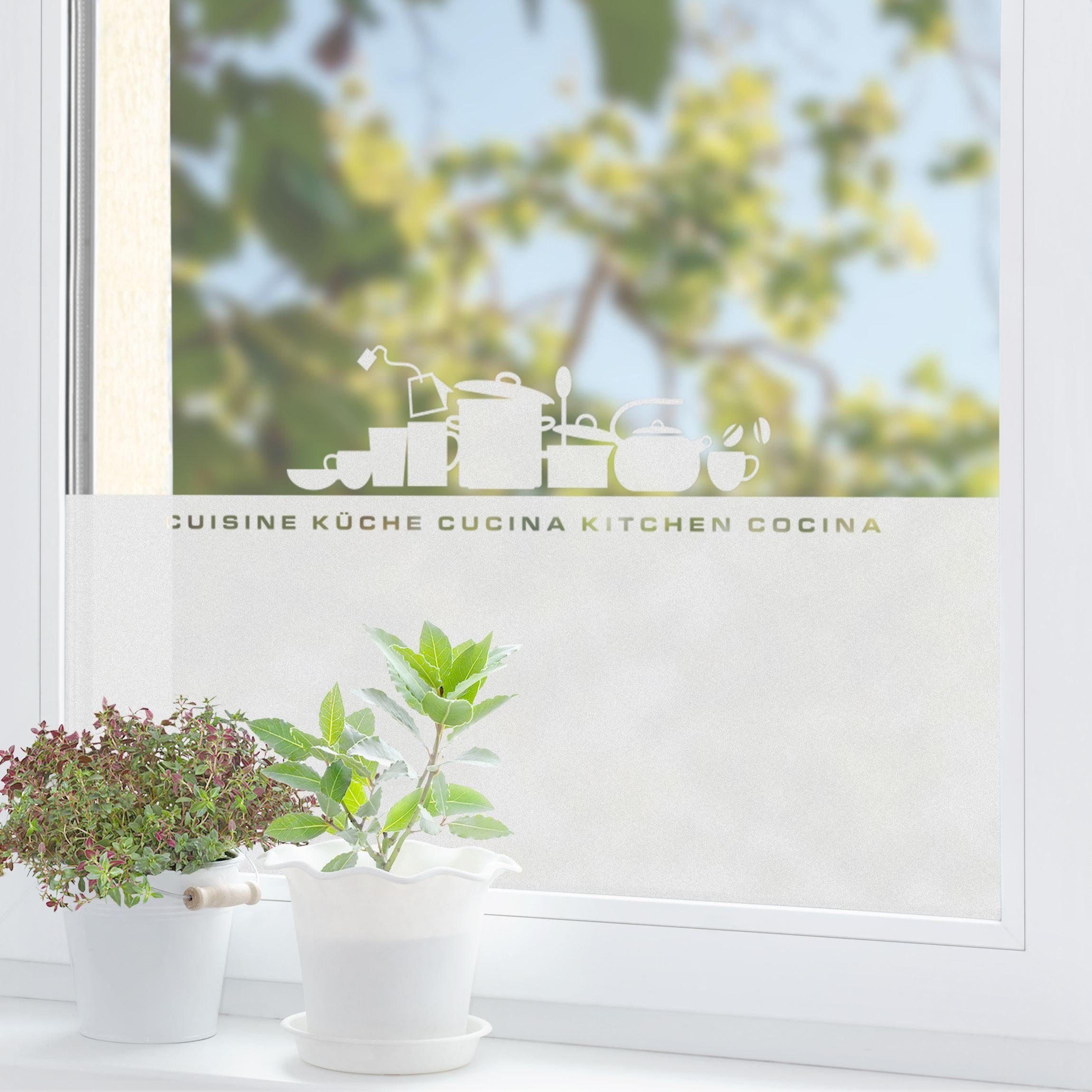 Fensterfolie statisch haftend Motiv Fensterdeko Küchensilhouette Bordüre Küche, Bilderdepot24, blickdicht, Innen Fenster Tür Balkontür Küche Esszimmer Küchenfenster