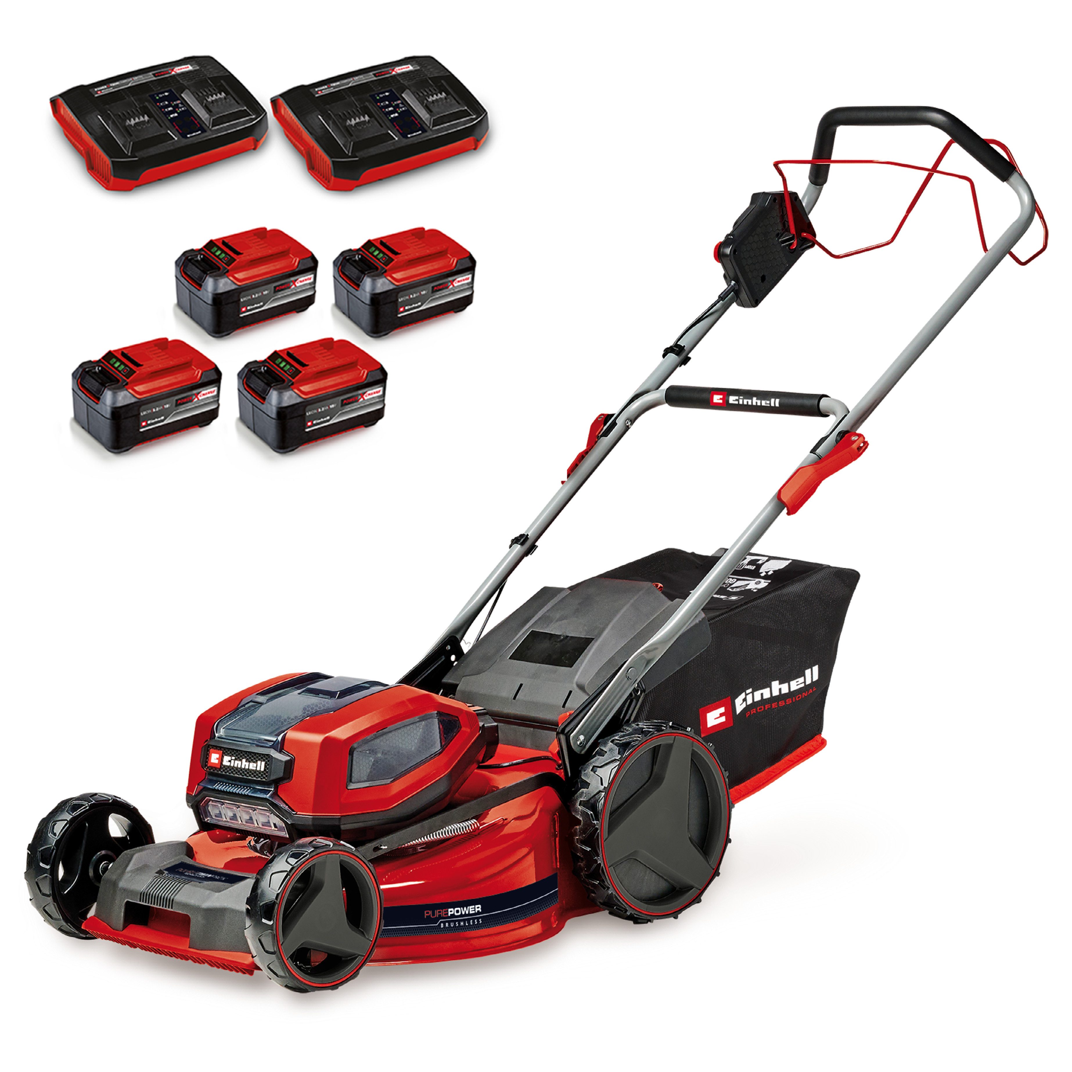 Einhell Akkurasenmäher GP-CM 36/52 S Li BL (4x5,2Ah), 52 cm Schnittbreite, 4 x 5,2 Ah Plus Akkus und 2 Twincharger