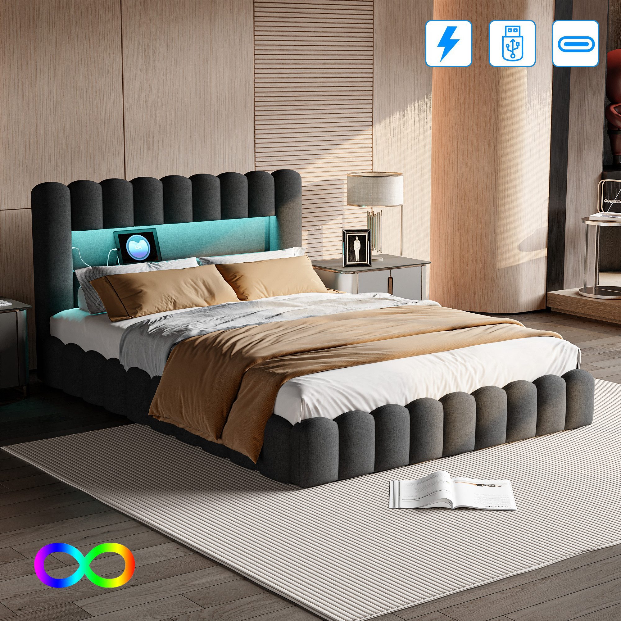 Furnishings Home Polsterbett Doppelbett Jugendbett (Set, Bett), Mit LED-Bel günstig online kaufen