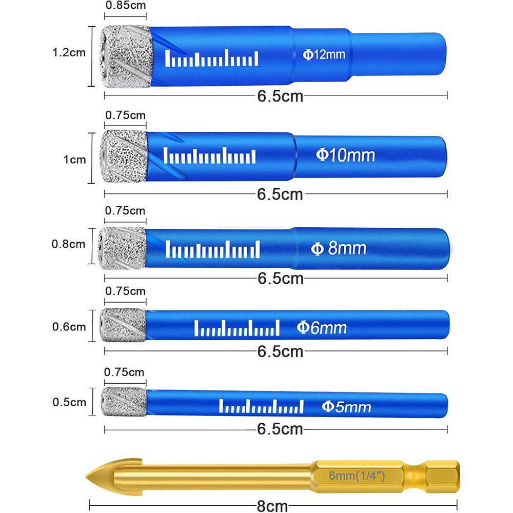 AFKSMILE Bohrersatz Fliesenbohrer Diamantbohrer Glasbohrer Set, 5, 6, 8, 10, 12 mm, (6-tlg), Feinsteinzeug Diamant Fliesen Bohrer und 6mm Metall Bohren, Glasbohrer