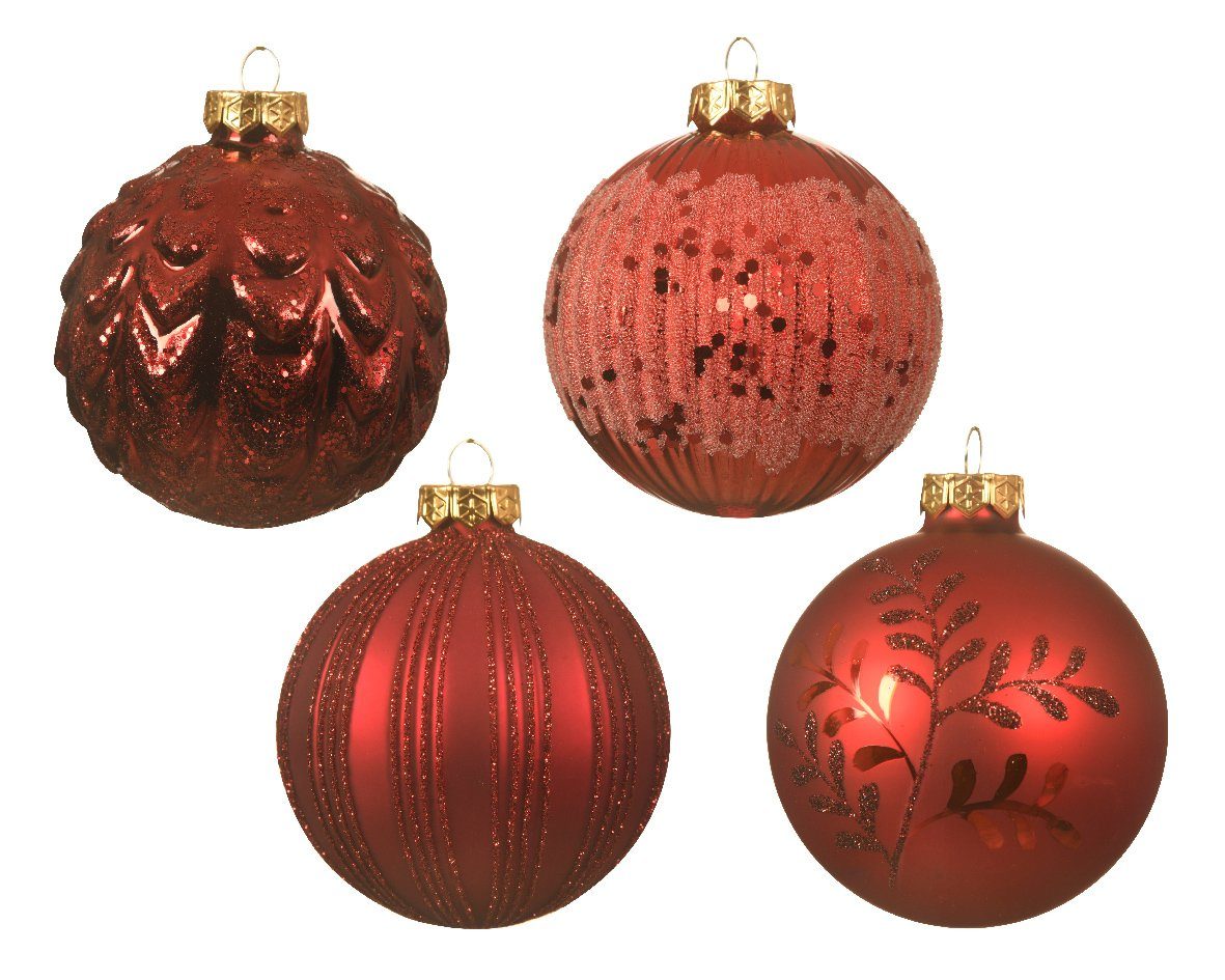 Muster mix 8cm Weihnachtsbaumkugel, / mit Weihnachtskugeln Set Glas rot season Streifen decorations Decoris 12er