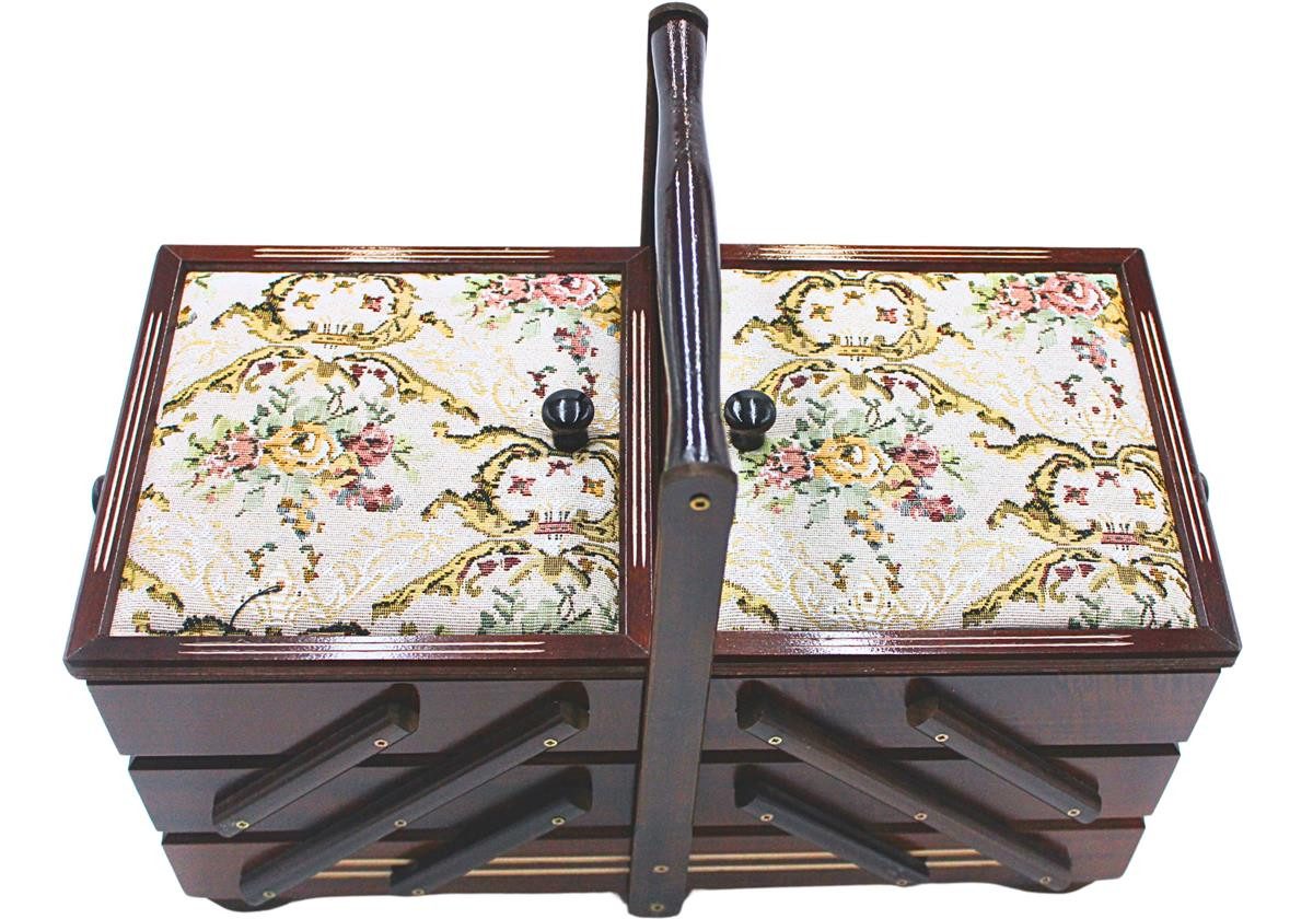 Dekohelden24 Nähkorb Hochwertiger Nähkasten, Nähkästchen aus Furnierholz mit 7 Fächern und (1 St), und Stoffbezug Rosenmotiv in Braun, L/B/H 42 x 20 x 21 cm . – Bild 2 von 5
