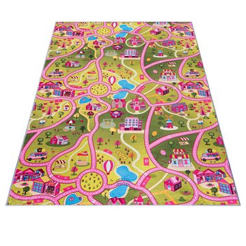 Kinderteppich Kinderteppich Spiel Teppich Kinderzimmerteppich Straße Rosa Grün, Mazovia, 80 x 150 cm, Fußbodenheizung, Allergiker geeignet, Rutschfest
