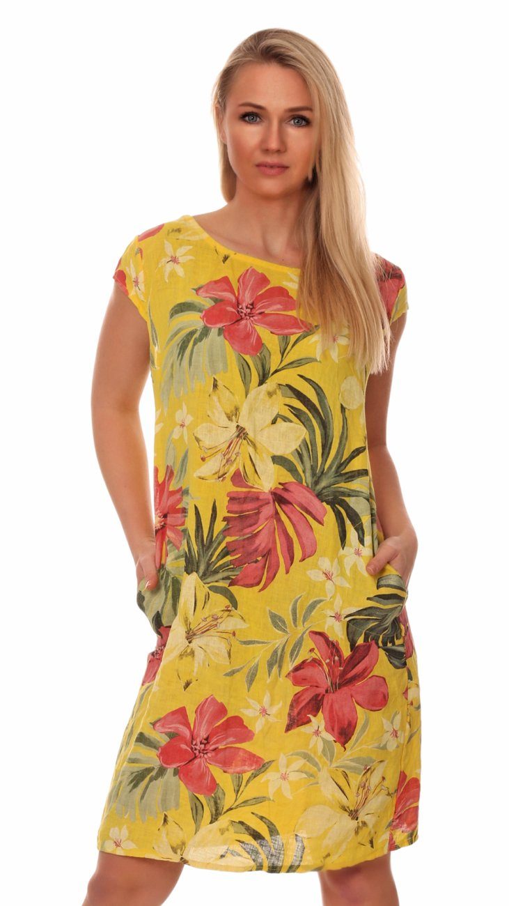 Charis Moda A-Linien-Kleid Leinenkleid Exoticgarten Sommerkleid Gelb