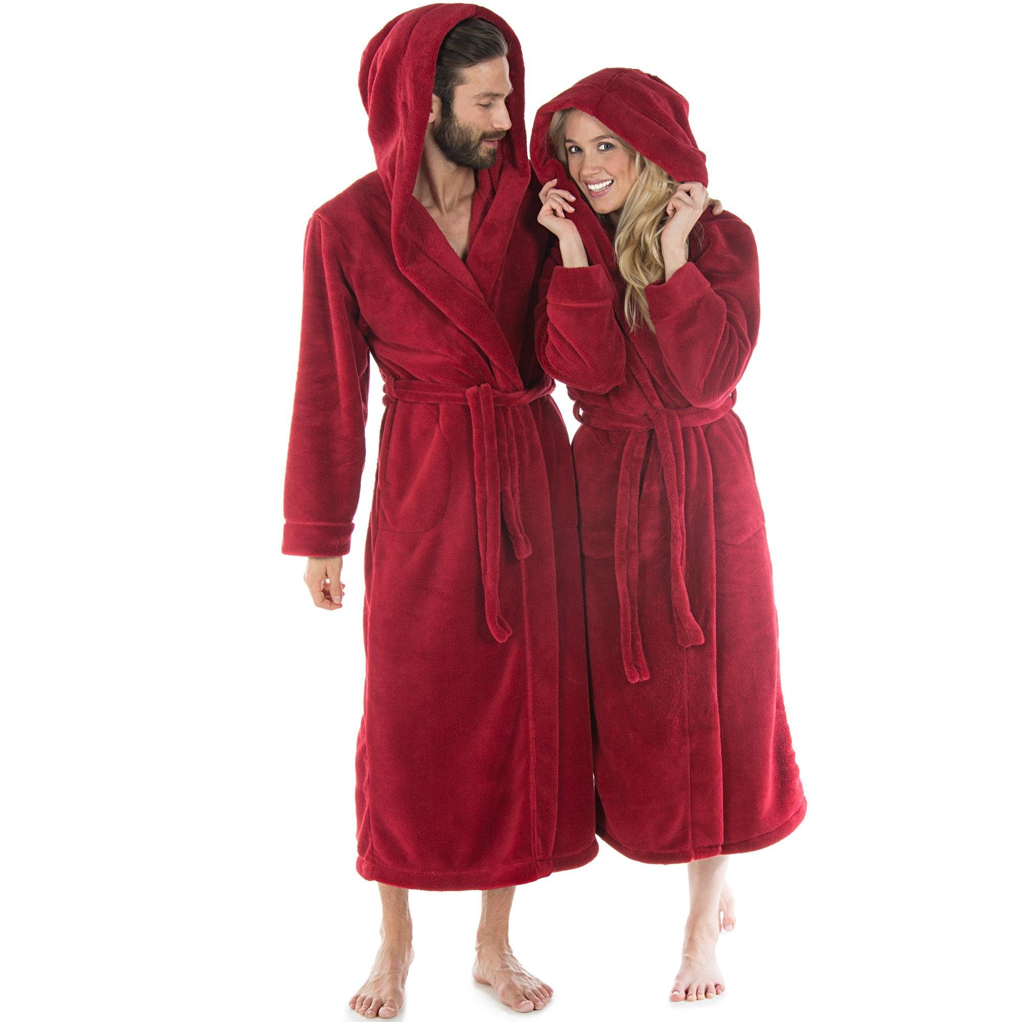 CelinaTex Bademantel Morgenmantel Kapuze Fleece wadenlang für Sie&Ihn Samos M bordeaux, Polyester